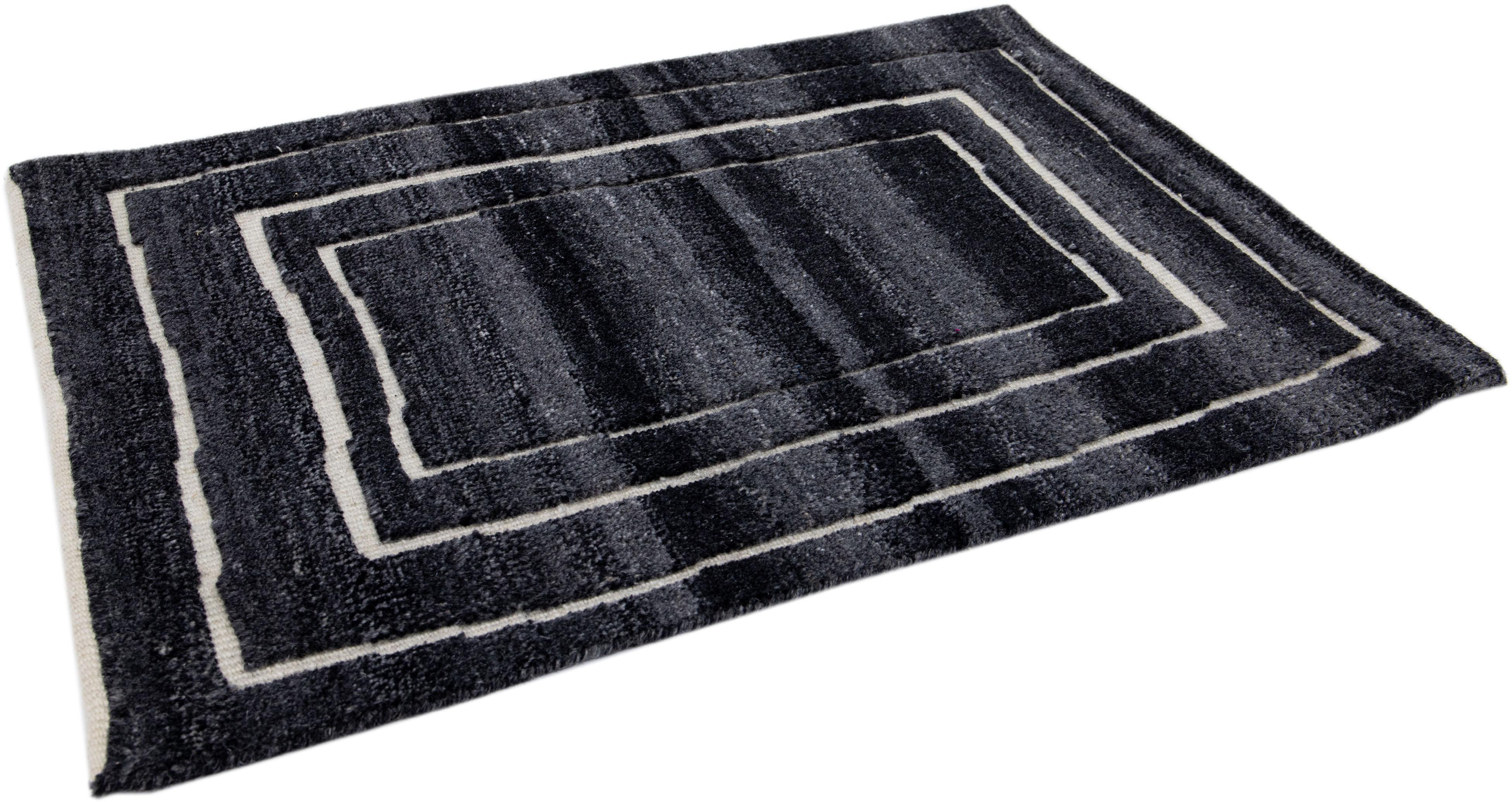 Black Modern Moroccan Style Handmade Custom Wool Rug In New Condition For Sale In Norwalk, CT