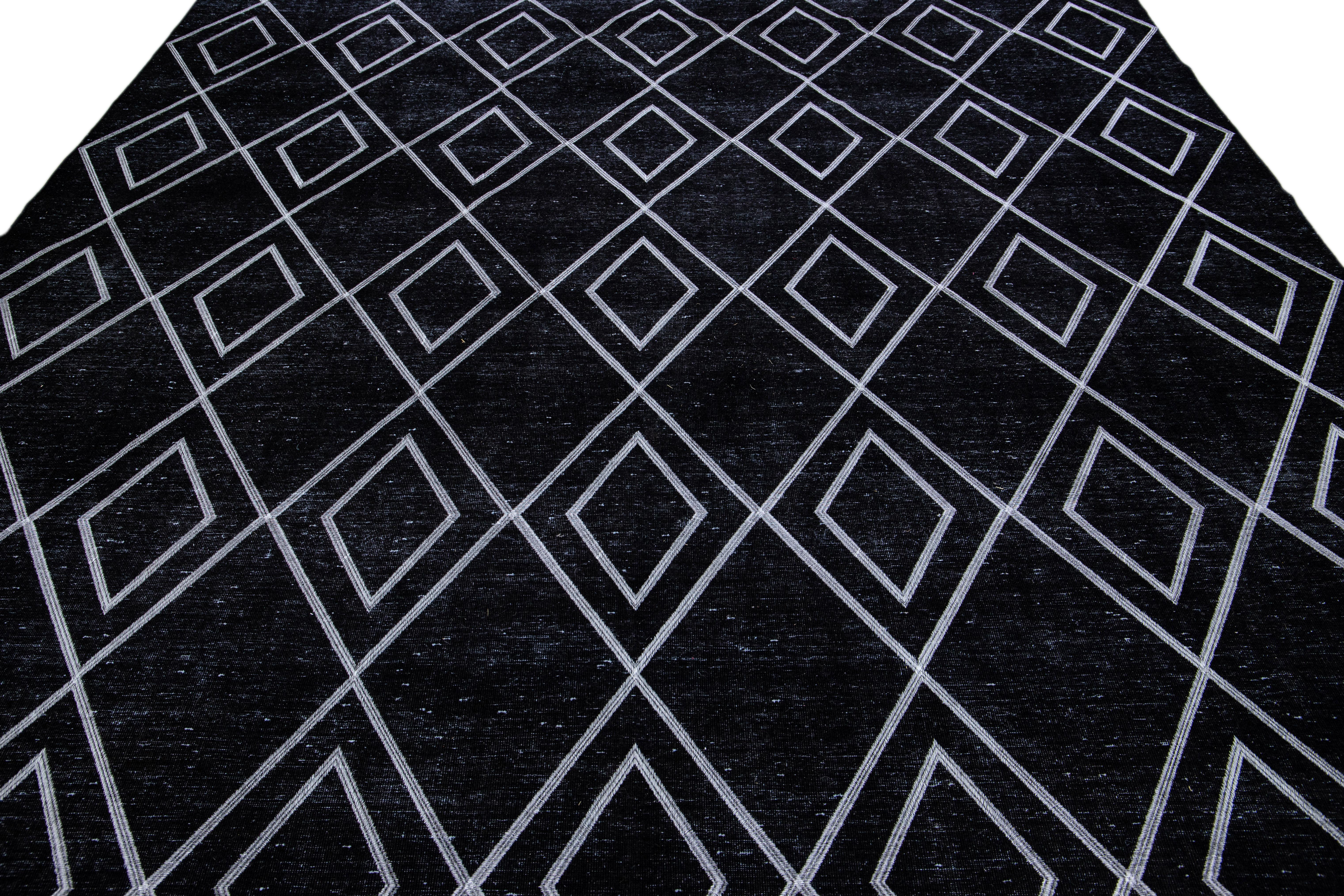 Tribal Black Modern Turkish Handmade Geometric Diamond Pattern Wool Rug For Sale