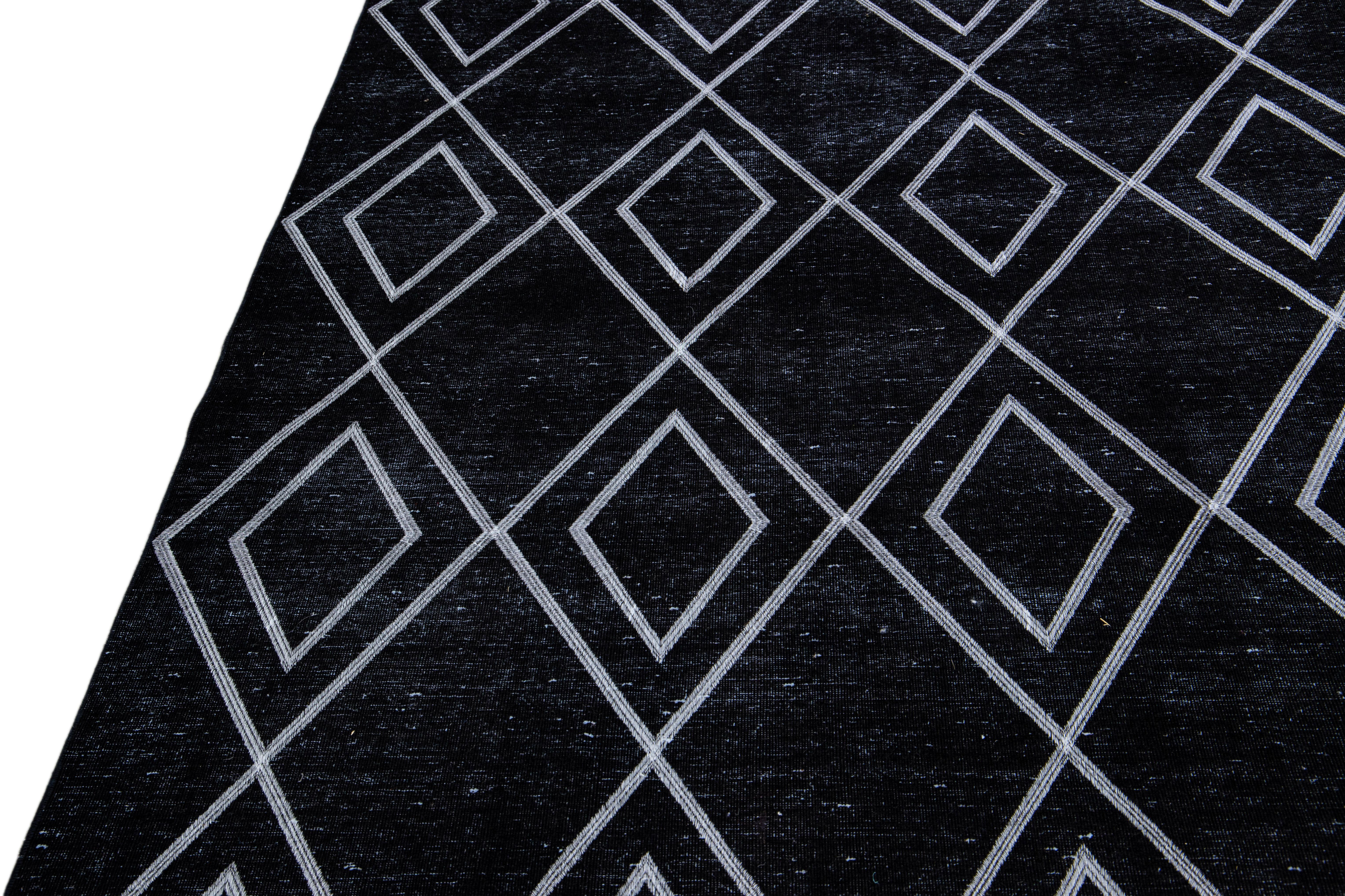 Hand-Knotted Black Modern Turkish Handmade Geometric Diamond Pattern Wool Rug For Sale
