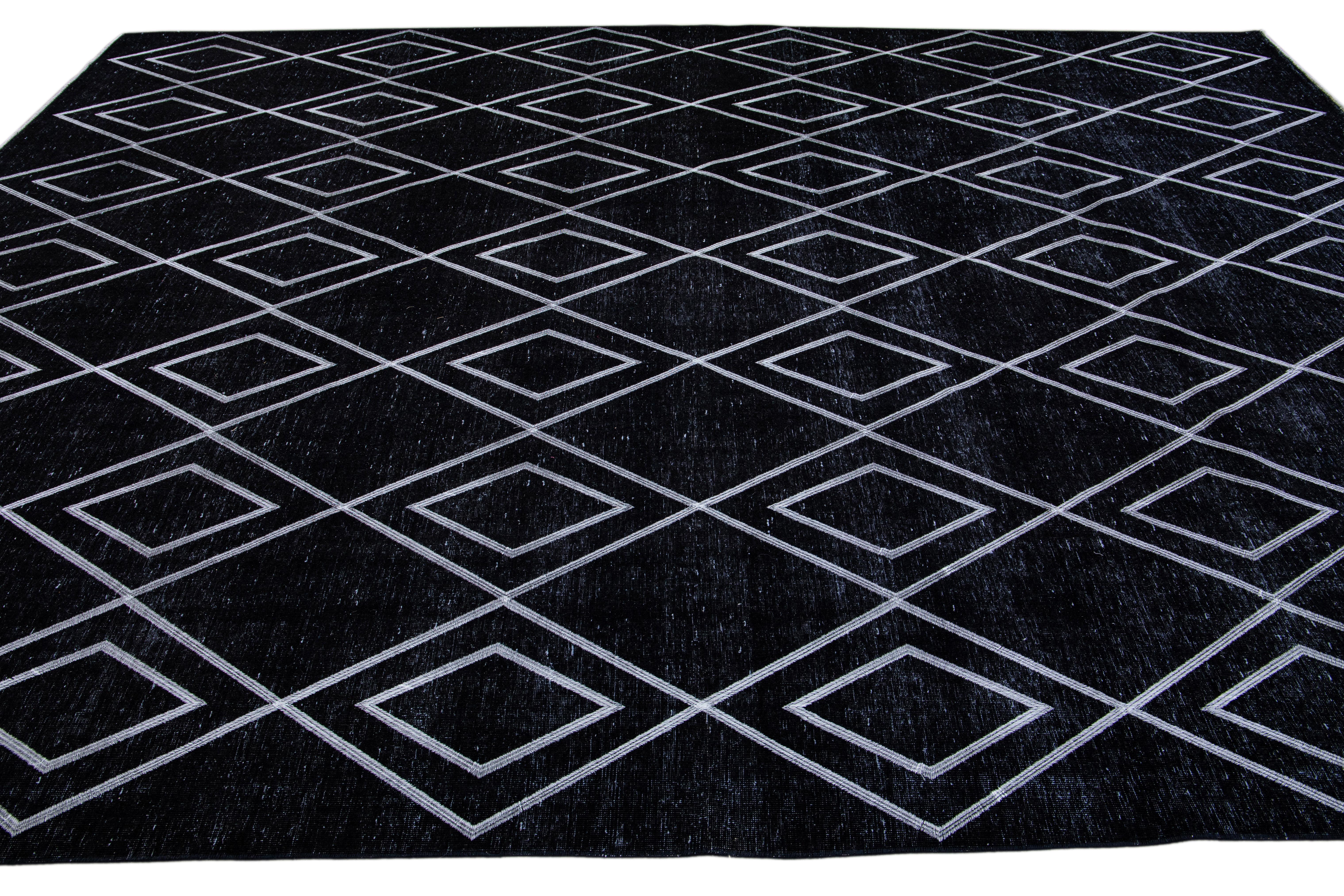 Black Modern Turkish Handmade Geometric Diamond Pattern Wool Rug In New Condition For Sale In Norwalk, CT