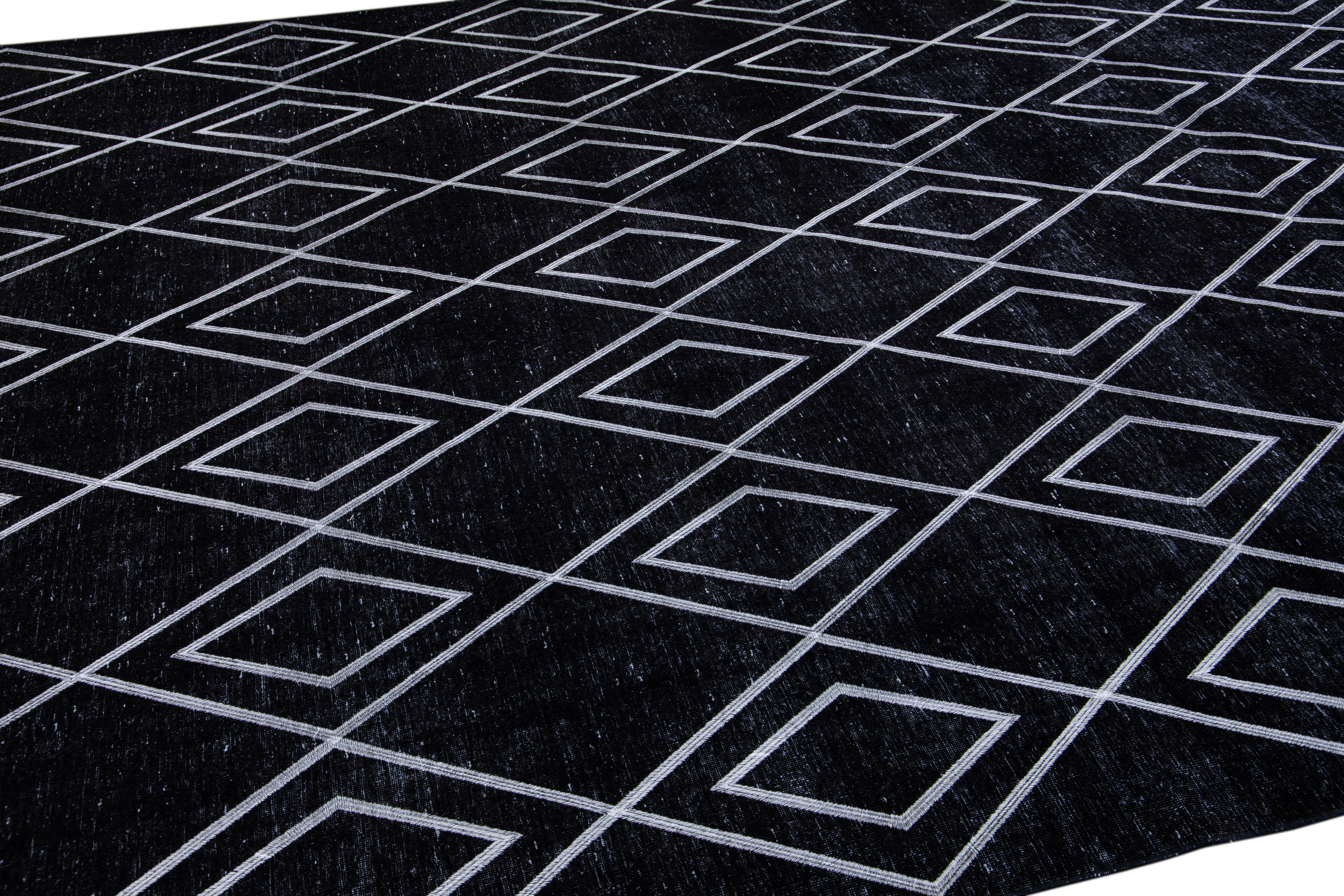 Black Modern Turkish Handmade Geometric Diamond Pattern Wool Rug For Sale 3