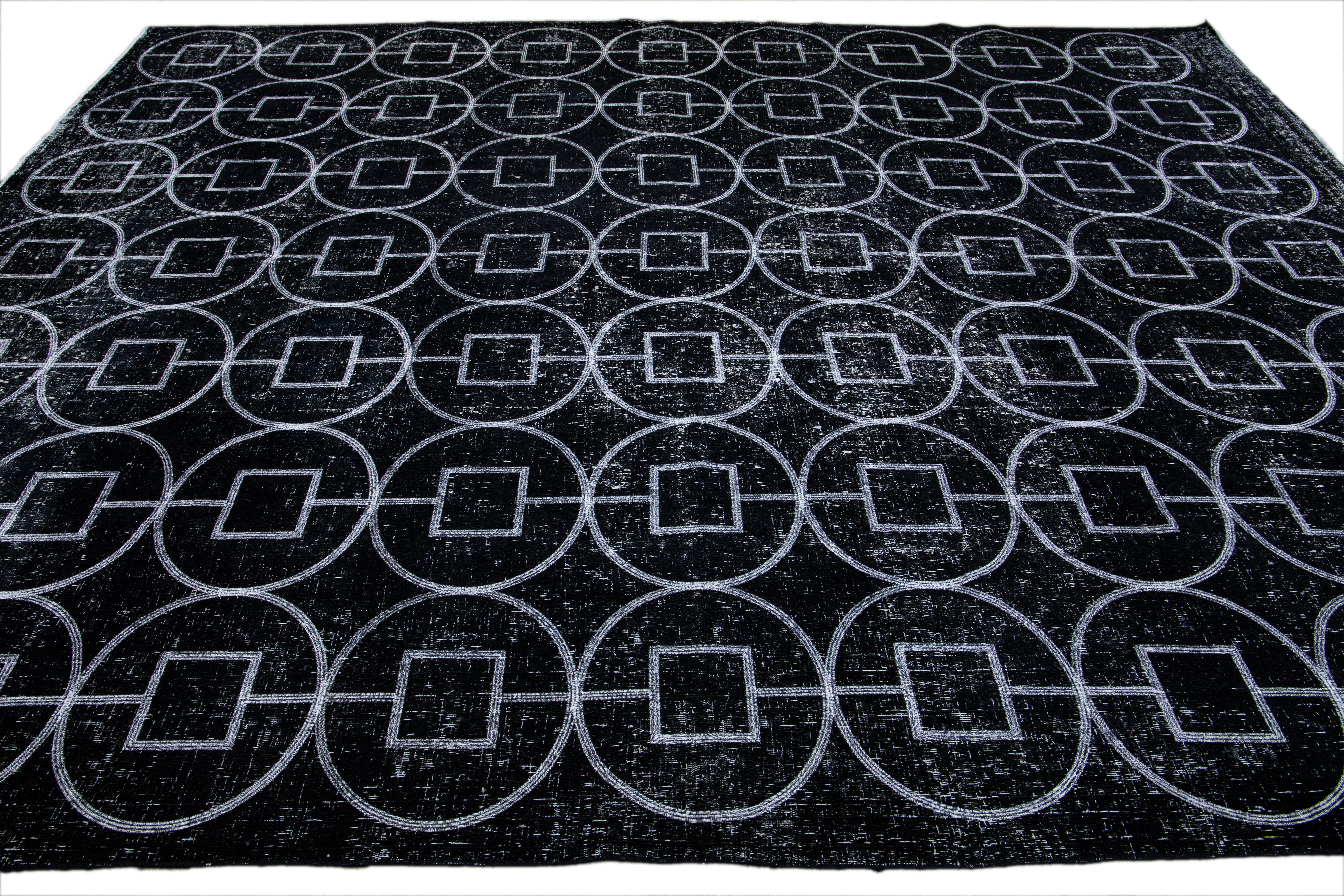 Tribal Black Modern Turkish Handmade Geometric Pattern Wool Rug For Sale