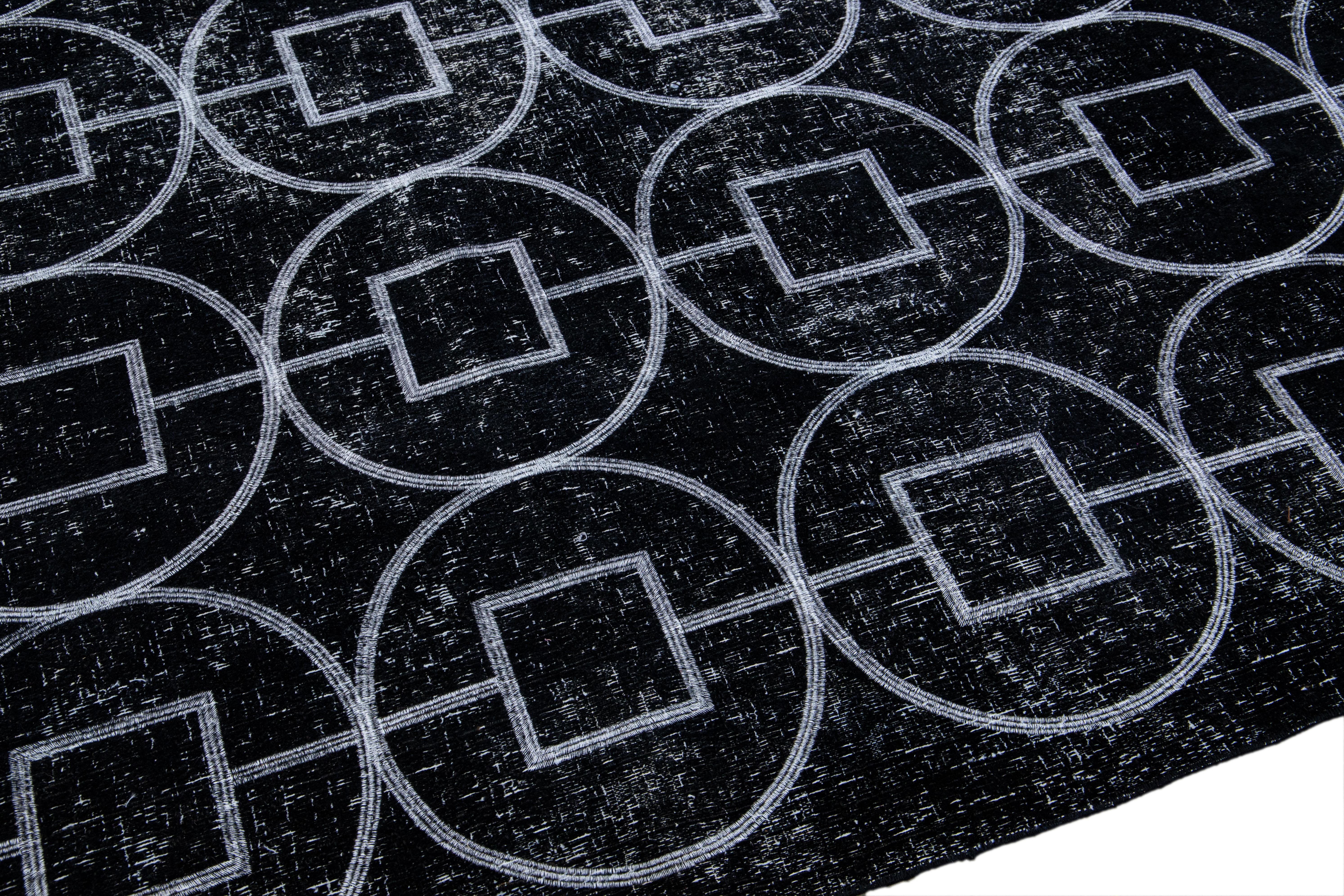 Black Modern Turkish Handmade Geometric Pattern Wool Rug In New Condition For Sale In Norwalk, CT