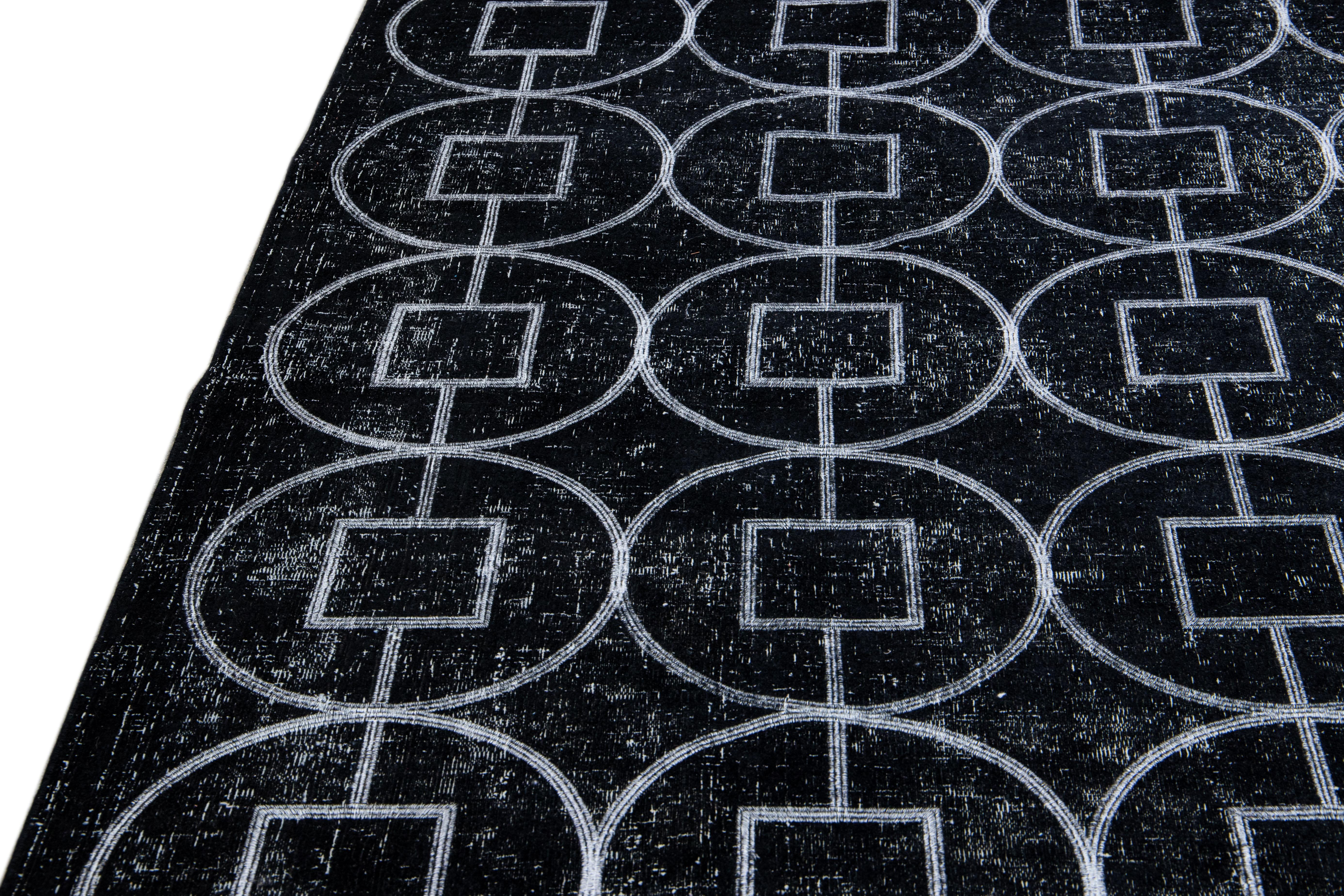 Black Modern Turkish Handmade Geometric Pattern Wool Rug For Sale 2