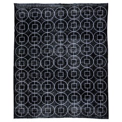 Tappeto turco moderno nero in lana con motivo geometrico fatto a mano