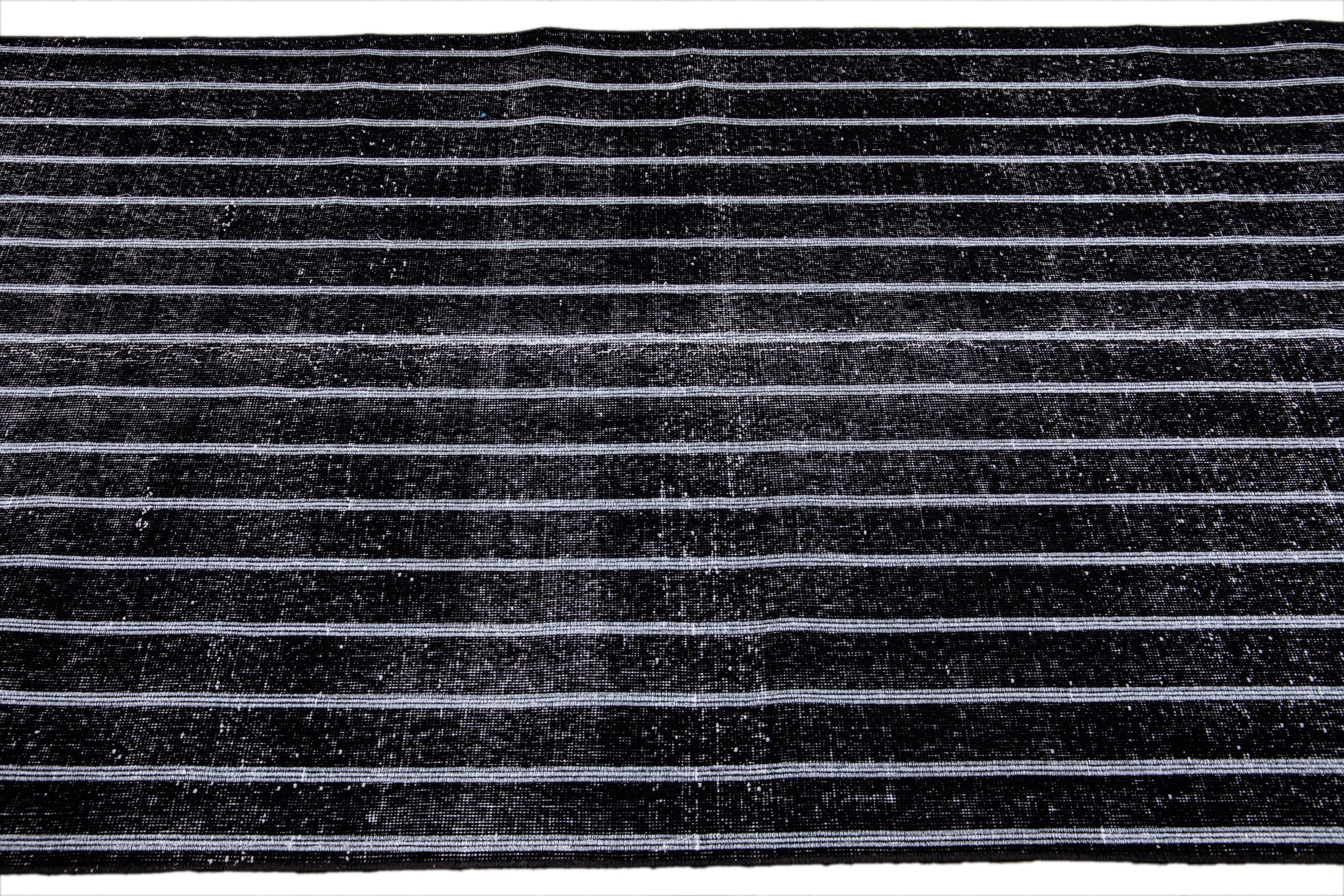  Black Modern Turkish Handmade Striped Motif Wool Gallery Rug In New Condition For Sale In Norwalk, CT