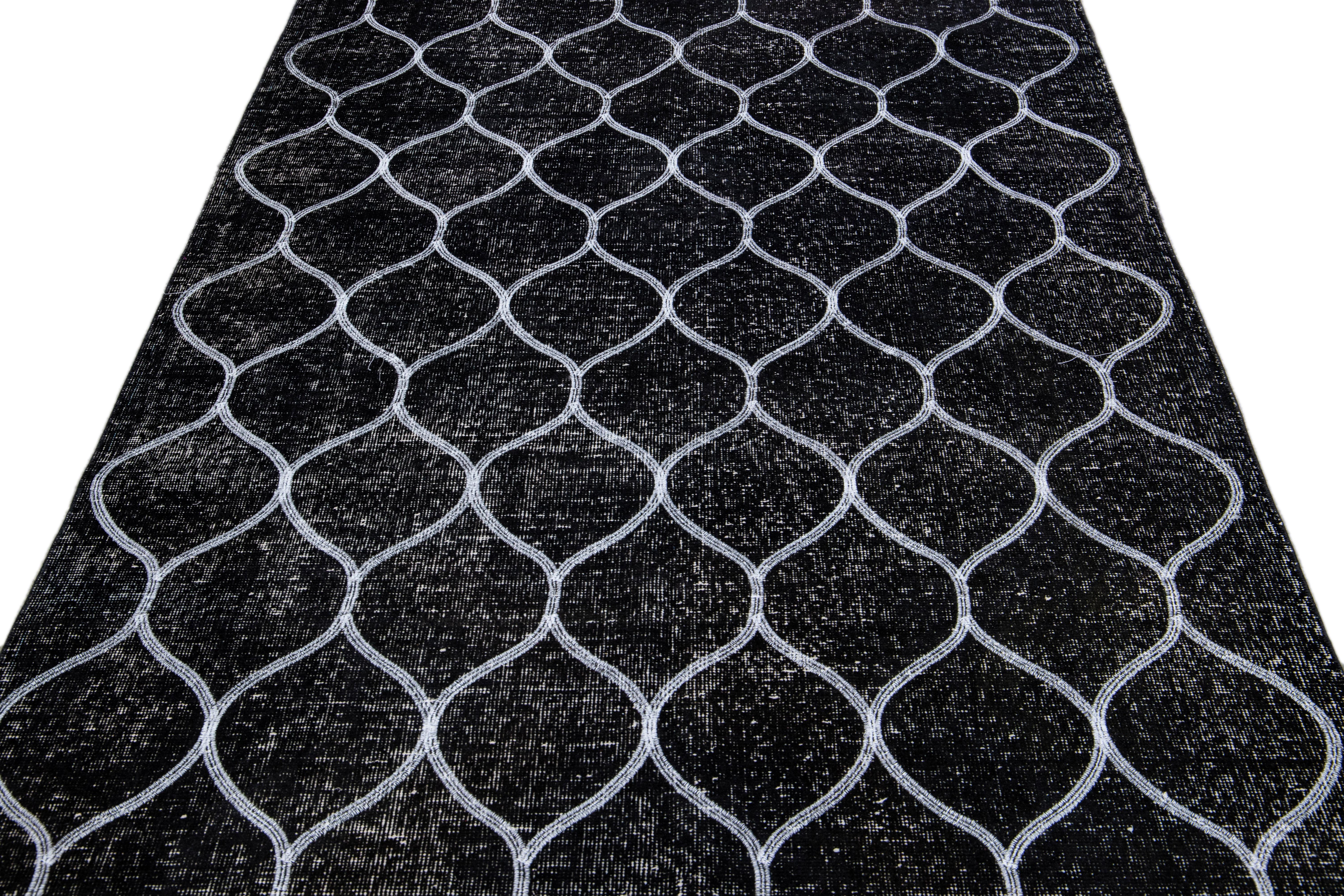 Tribal Black Modern Turkish Handmade Trellis Designed Gallery Wool Rug For Sale