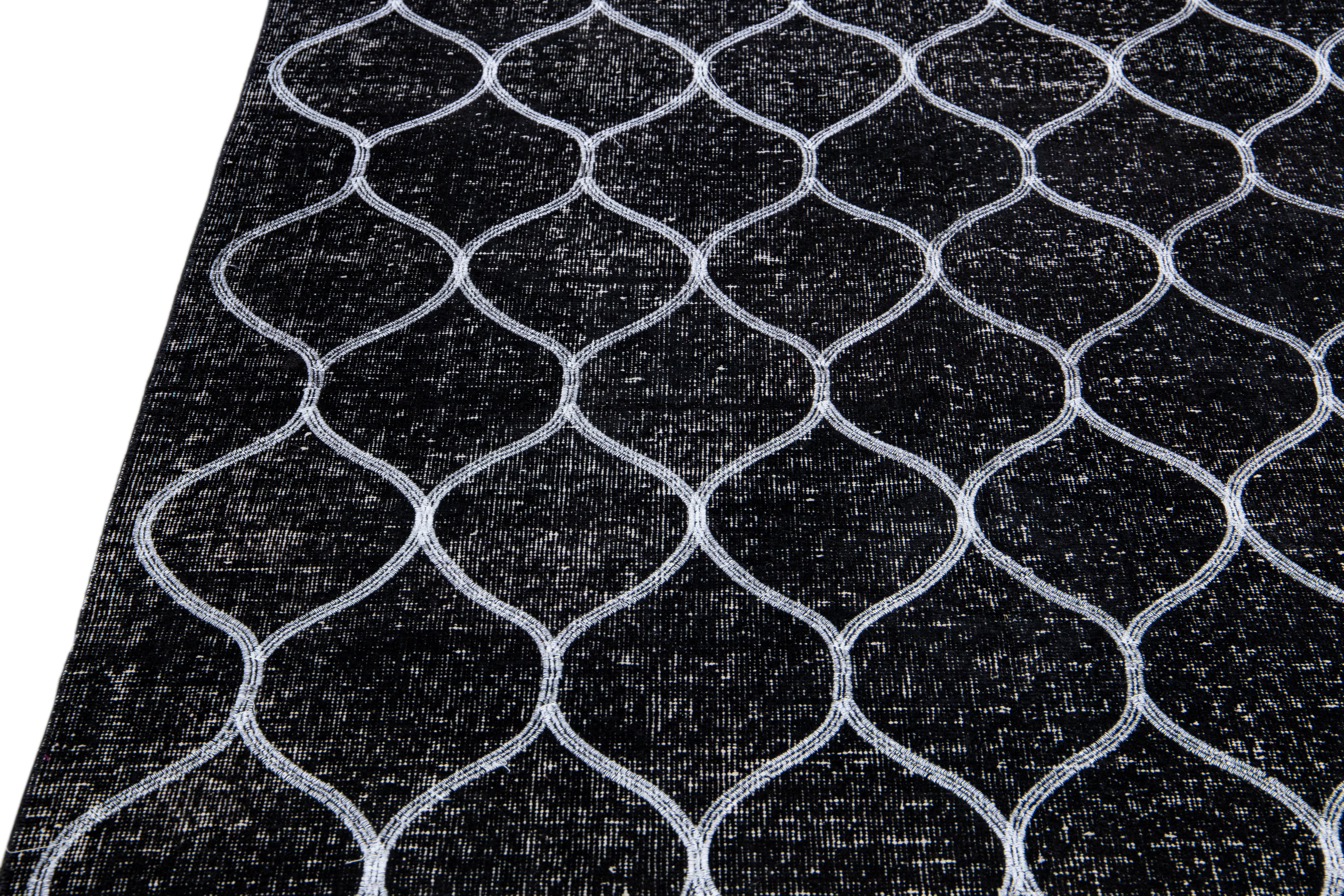 Hand-Knotted Black Modern Turkish Handmade Trellis Designed Gallery Wool Rug For Sale