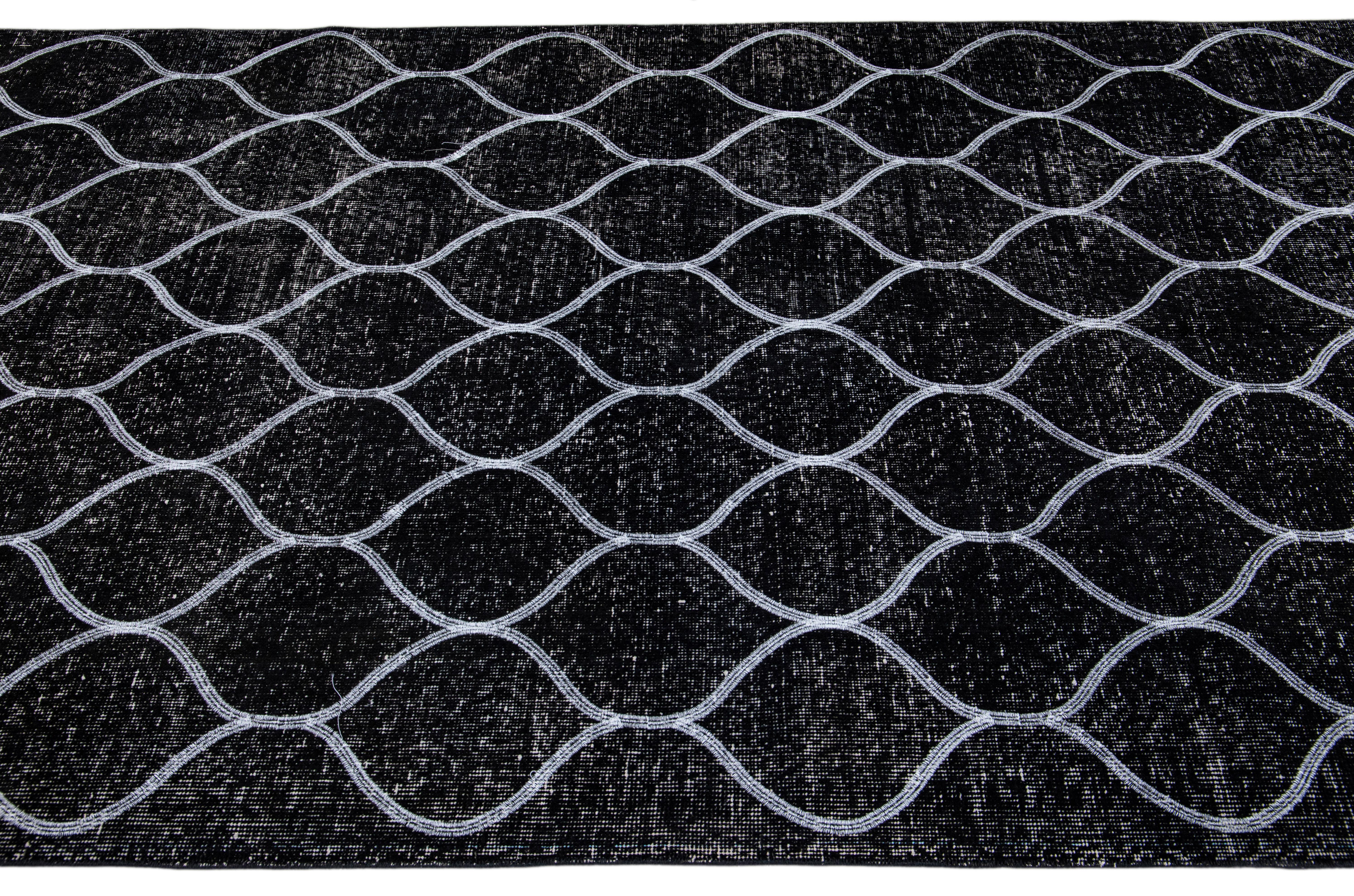Black Modern Turkish Handmade Trellis Designed Gallery Wool Rug In New Condition For Sale In Norwalk, CT