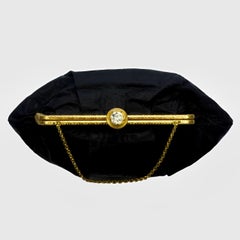 Black Moiré Satin Bag with Gold Plated Frame and Rhinestone Clasp circa 1930s