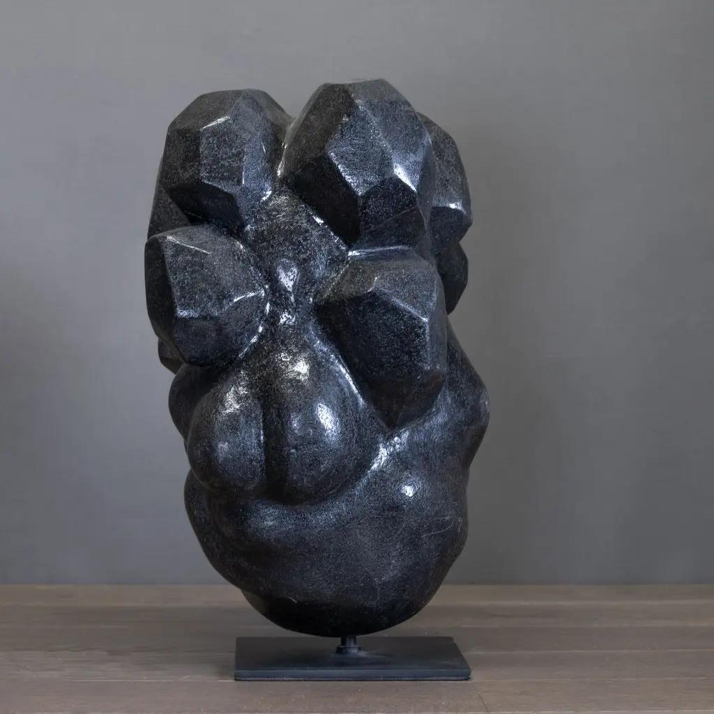 Modern Black Monolithic Sculpture in River Stone. For Sale