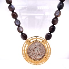 Black Moonstone Necklace with an 18k Silver 2nd Century B.C. Athena Coin Clasp
