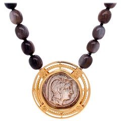 Black Moonstone Necklace with an 18k Silver 2nd Century B.C. Athena Coin Clasp
