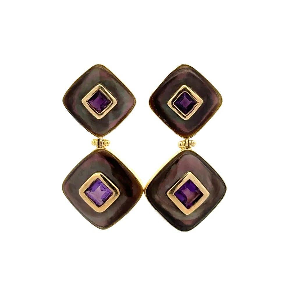 Pendientes de gota de oro con madreperla negra y amatista cuadrada Moderno en venta