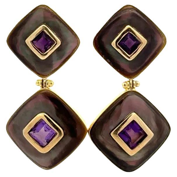 Pendientes de gota de oro con madreperla negra y amatista cuadrada en venta