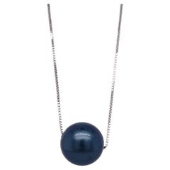 Black MO Pearl Pendant, Round w Sterling Silver Box Chain, 18 Inches