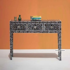 Black Mother of Pearl Inlay Floral Console Table by House of Jaipur