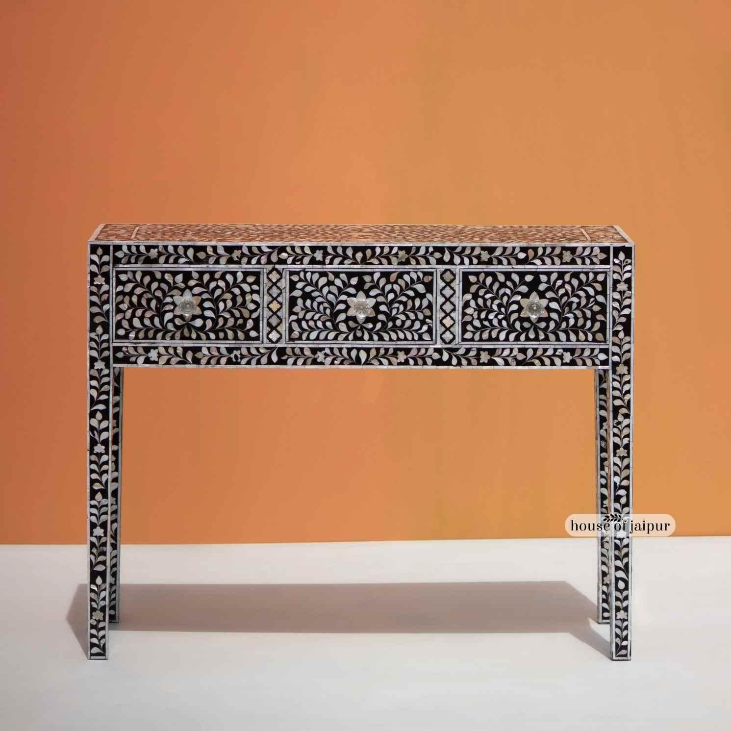 Black Mother of Pearl Inlay Floral Console Table by House of Jaipur In New Condition For Sale In New York, NY