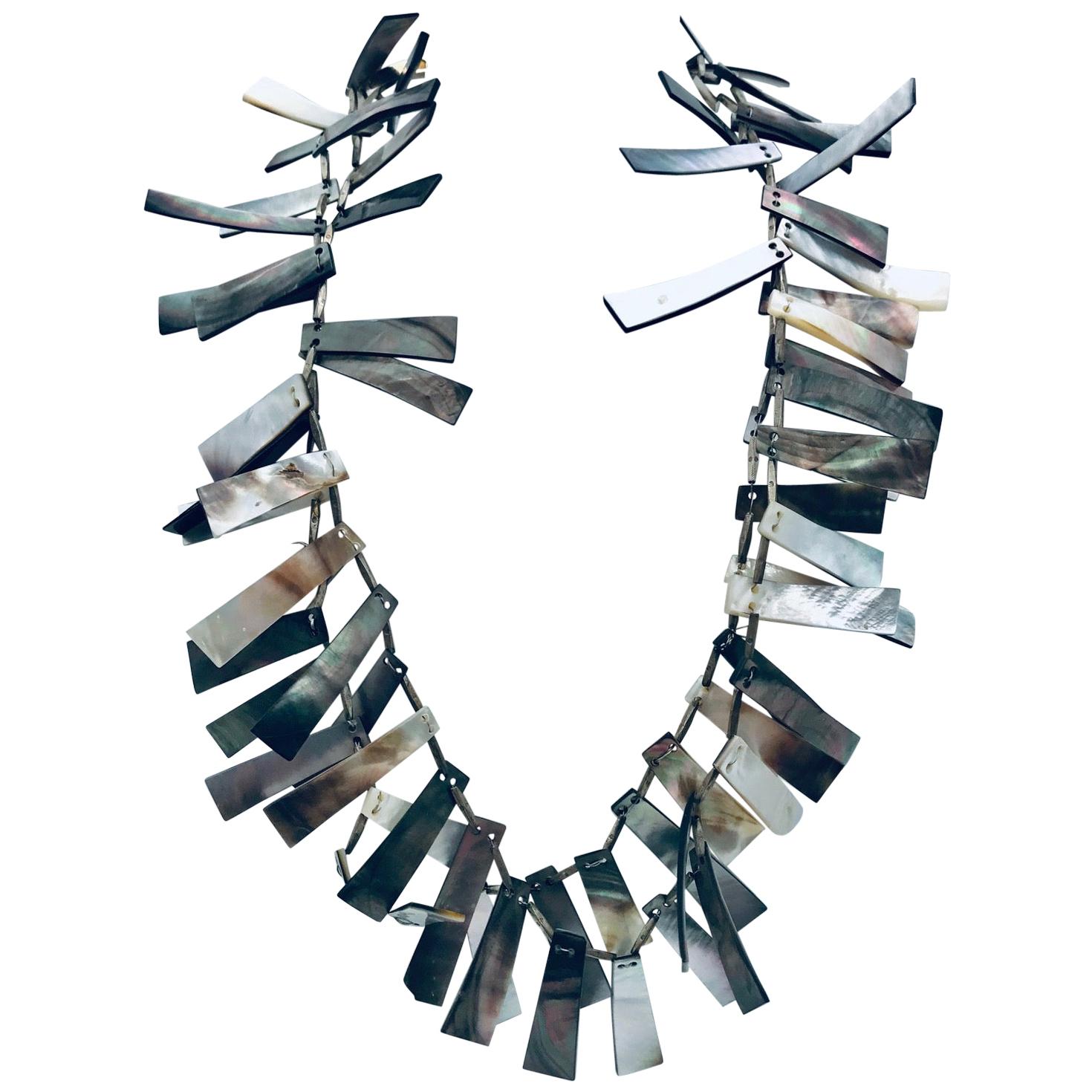 SYLVIA GOTTWALD, Black Mother of Pearl with Silver spacers Statement necklace.  For Sale
