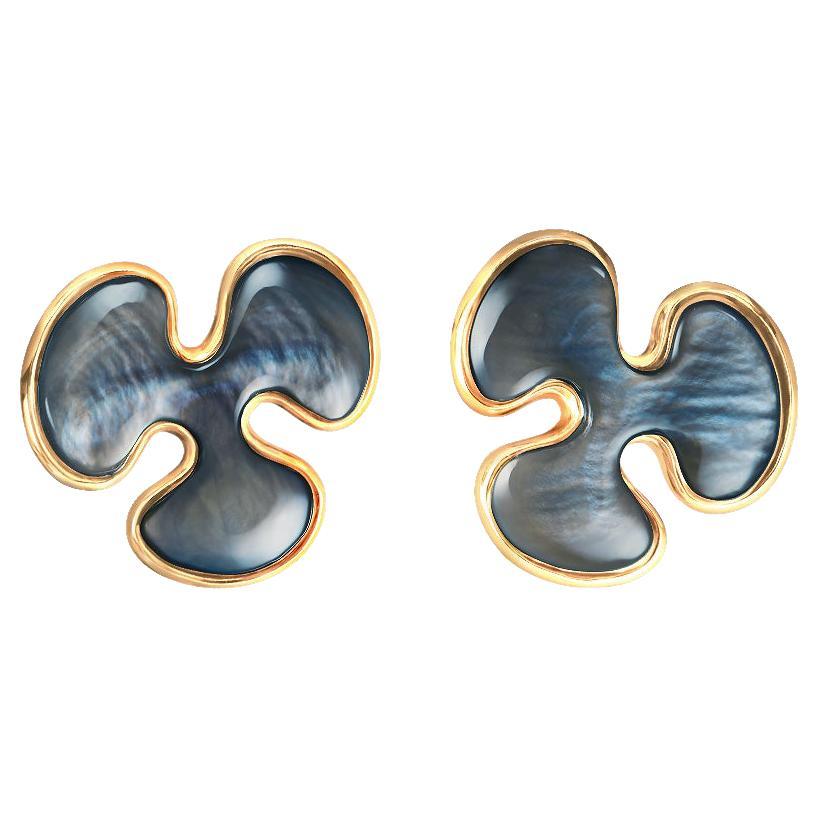 Black Mother of Pearl Yellow Gold Stud Earrings For Sale