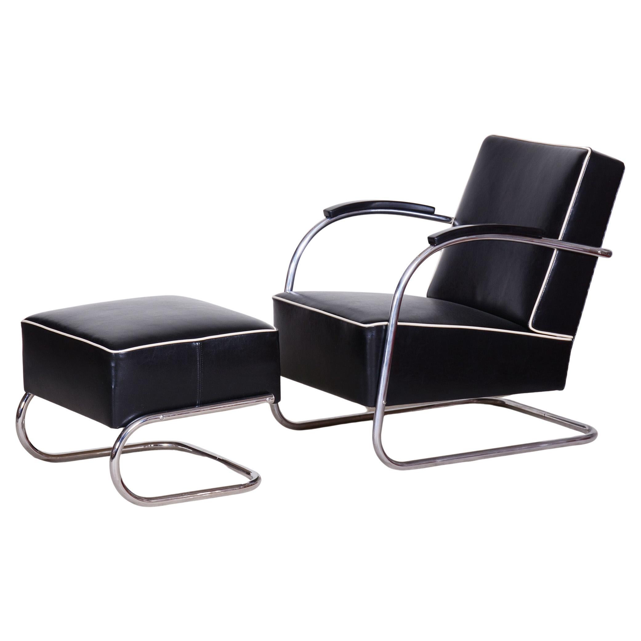 Fauteuil et repose-pieds Mucke Melder noir, Tchèque, années 1930