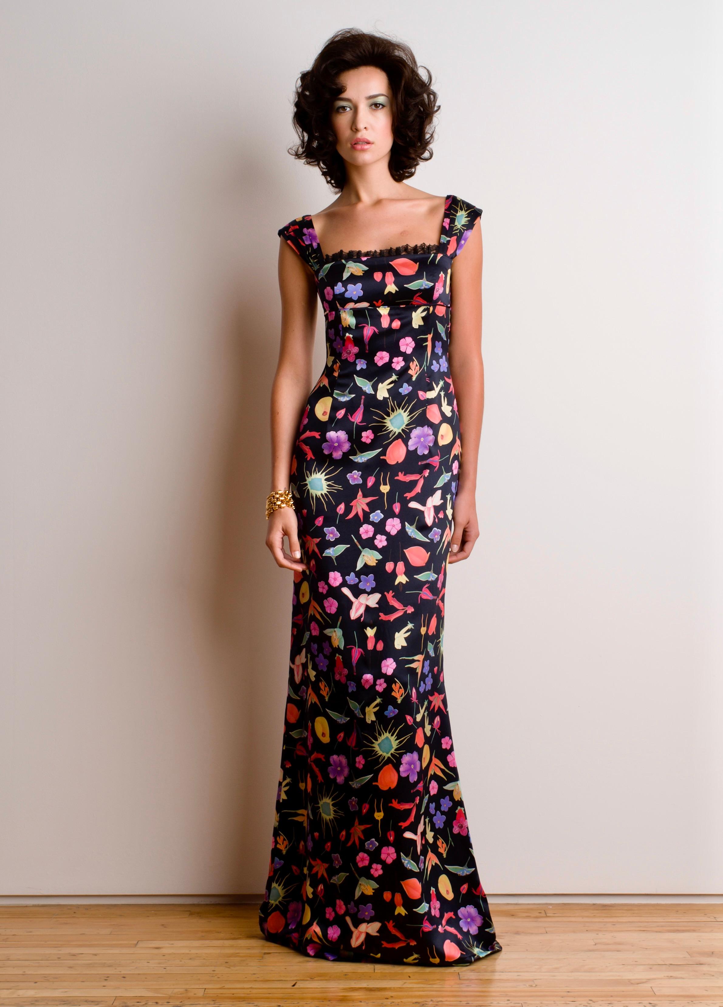 Black Multi Floral High-Waisted Satin Gown  For Sale 1