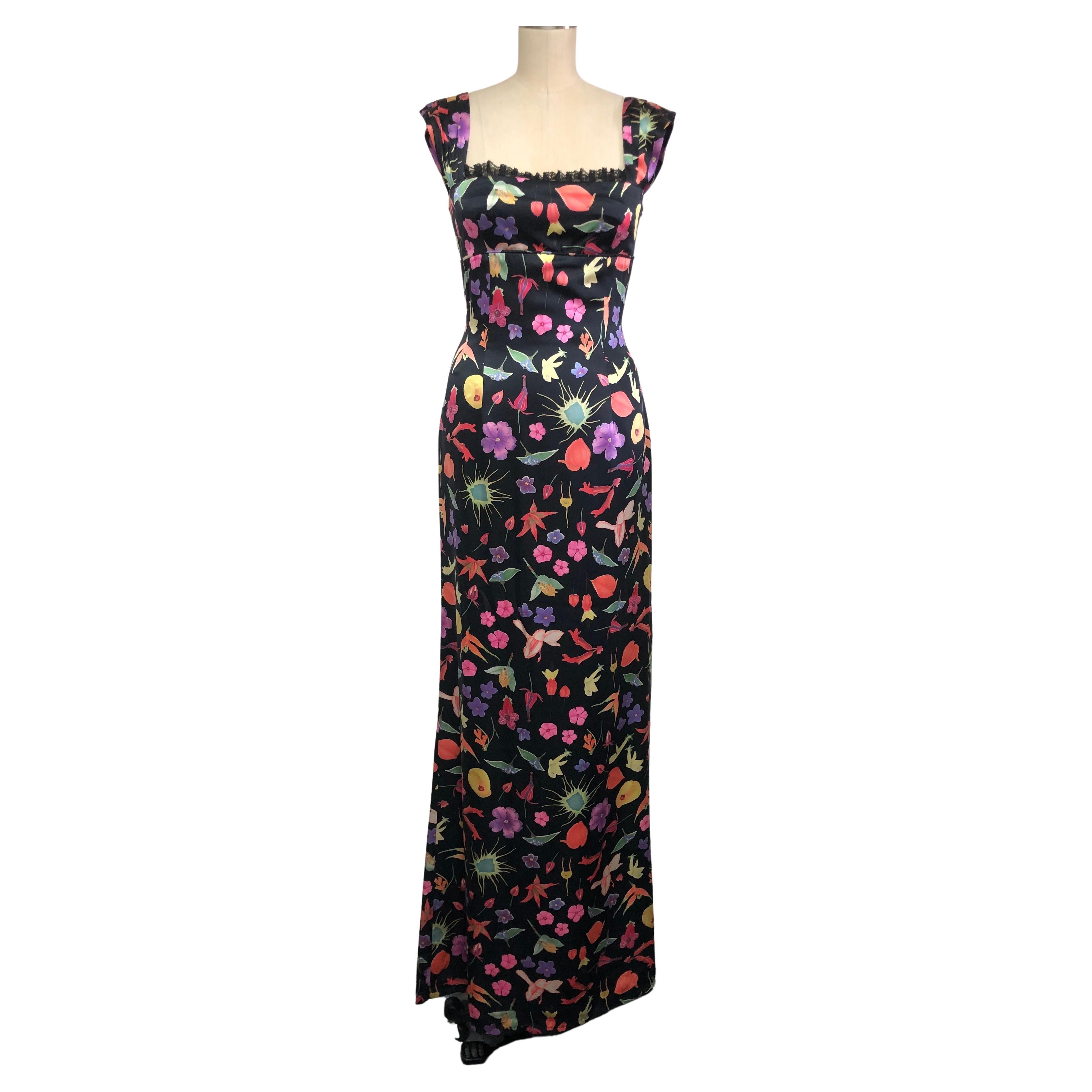 Black Multi Floral High-Waisted Satin Gown  For Sale