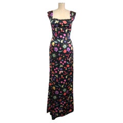 Black Multi Floral High-Waisted Satin Gown 