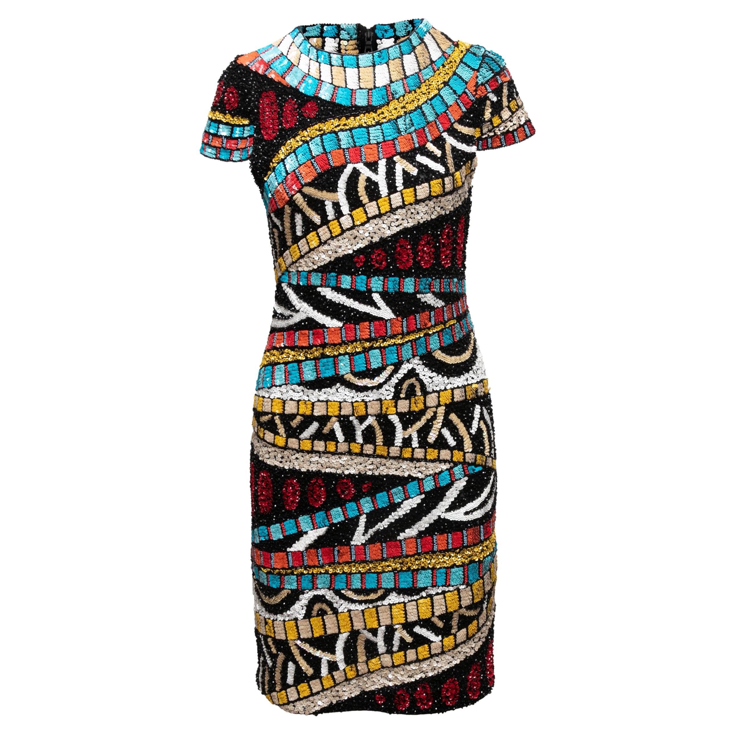 Black & Multicolor Alice + Olivia Beaded Dress Size US 10 For Sale