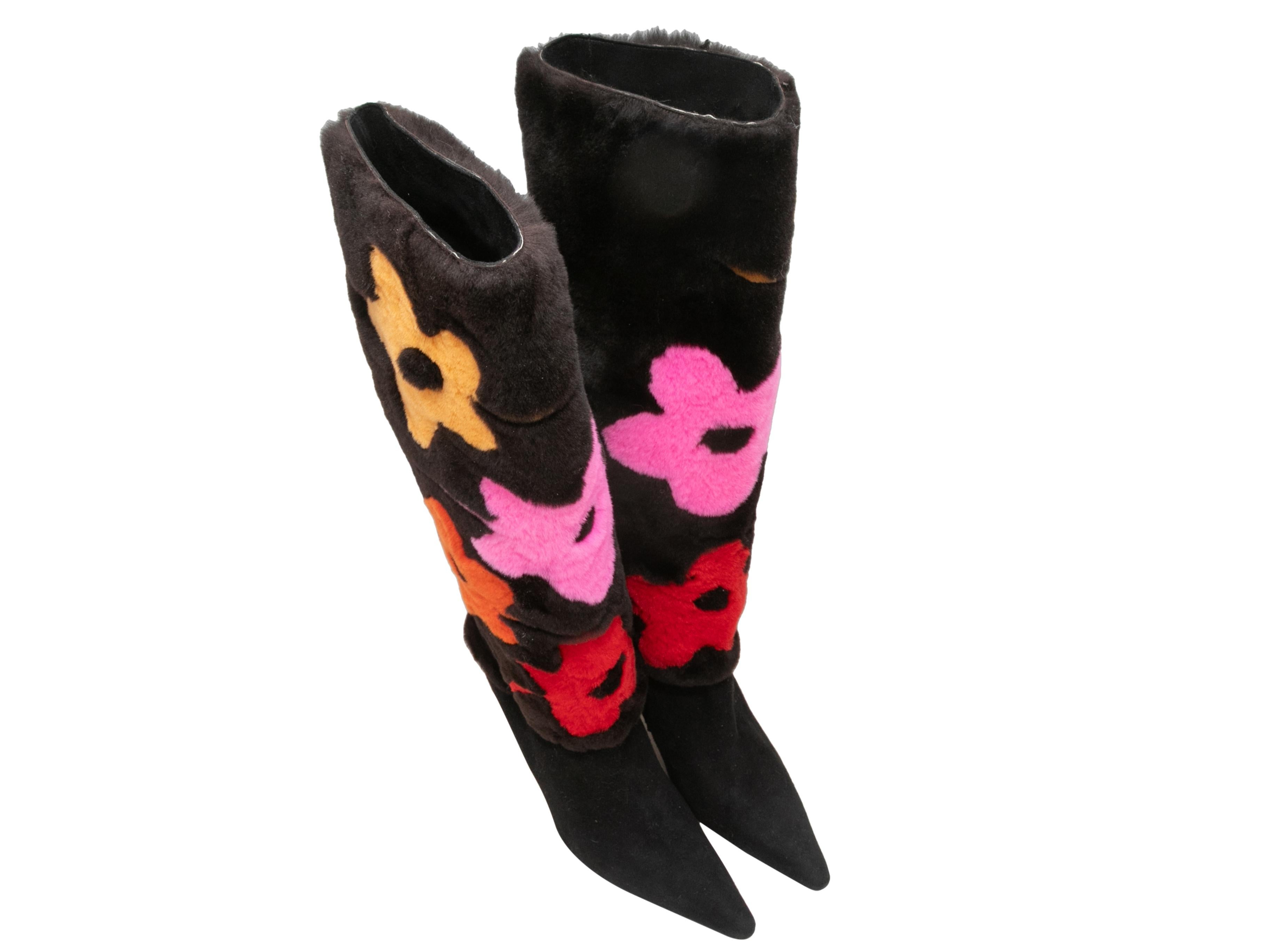 Black & Multicolor Andrea Pfister Rabbit Fur Flower Power Boots Size 37 In Good Condition In New York, NY