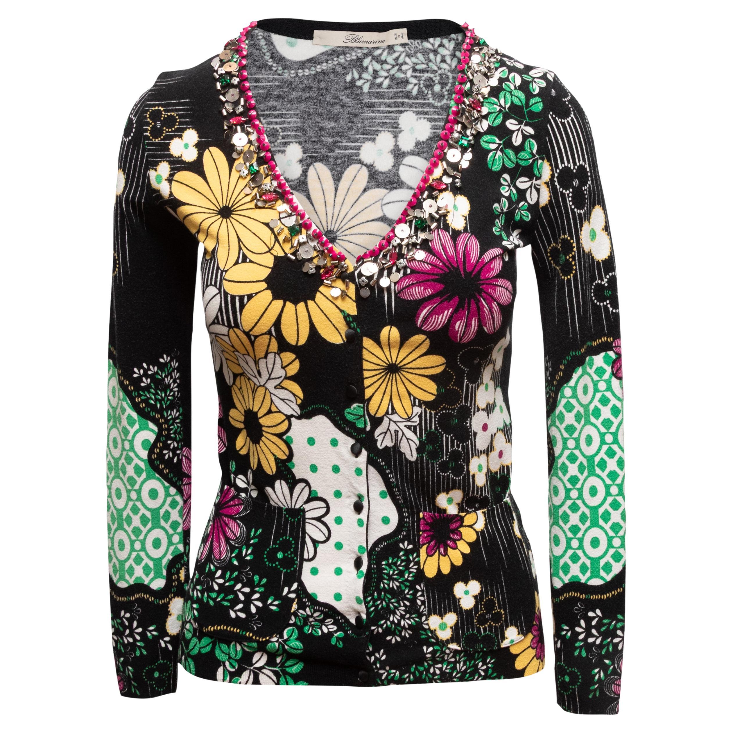 Schwarz & Multicolor Blumarine Blumenmuster verschönert Strickjacke Größe IT 40 im Angebot