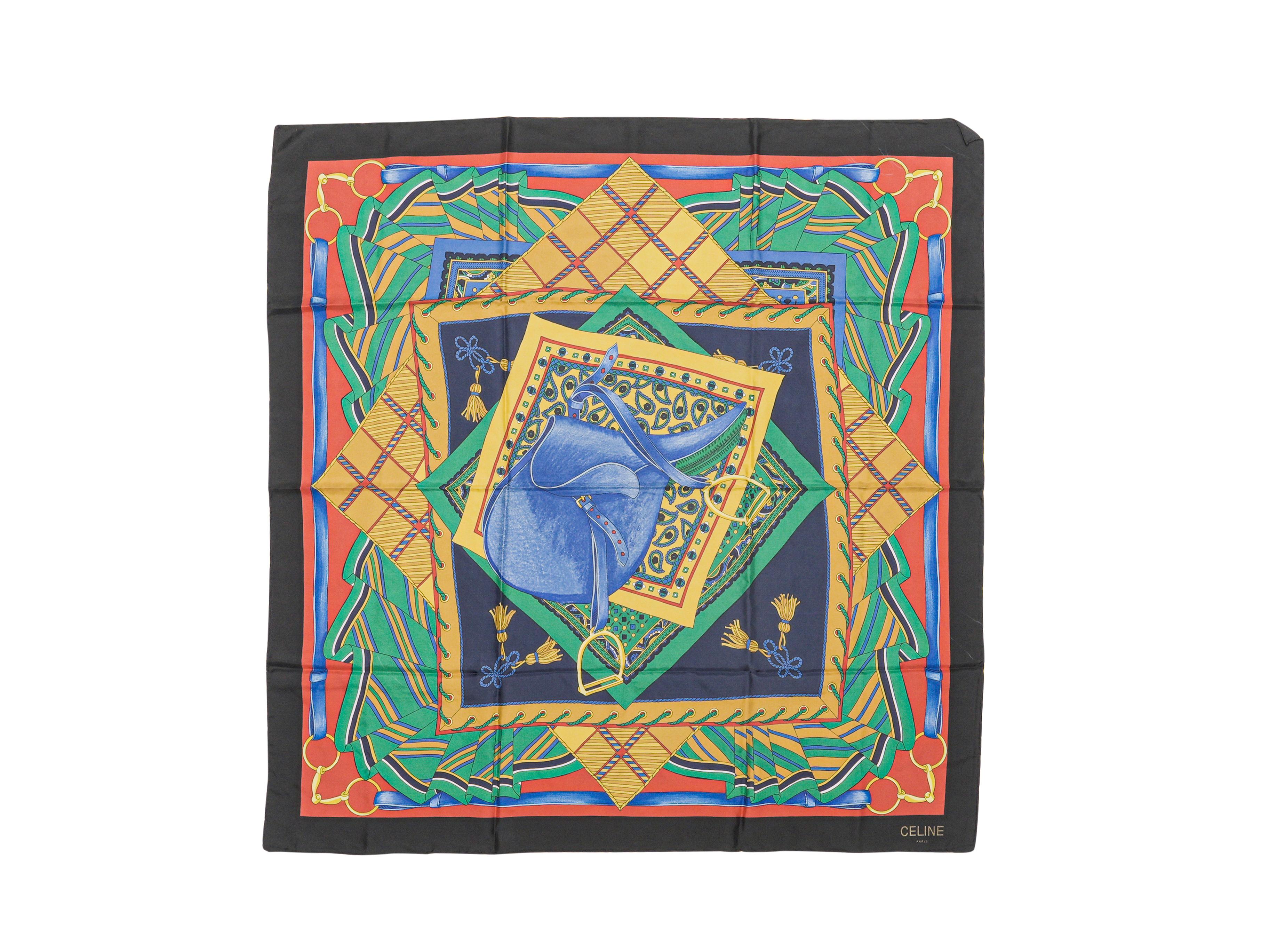 Women's or Men's Black & Multicolor Celine Saddle Print Silk Scarf For Sale