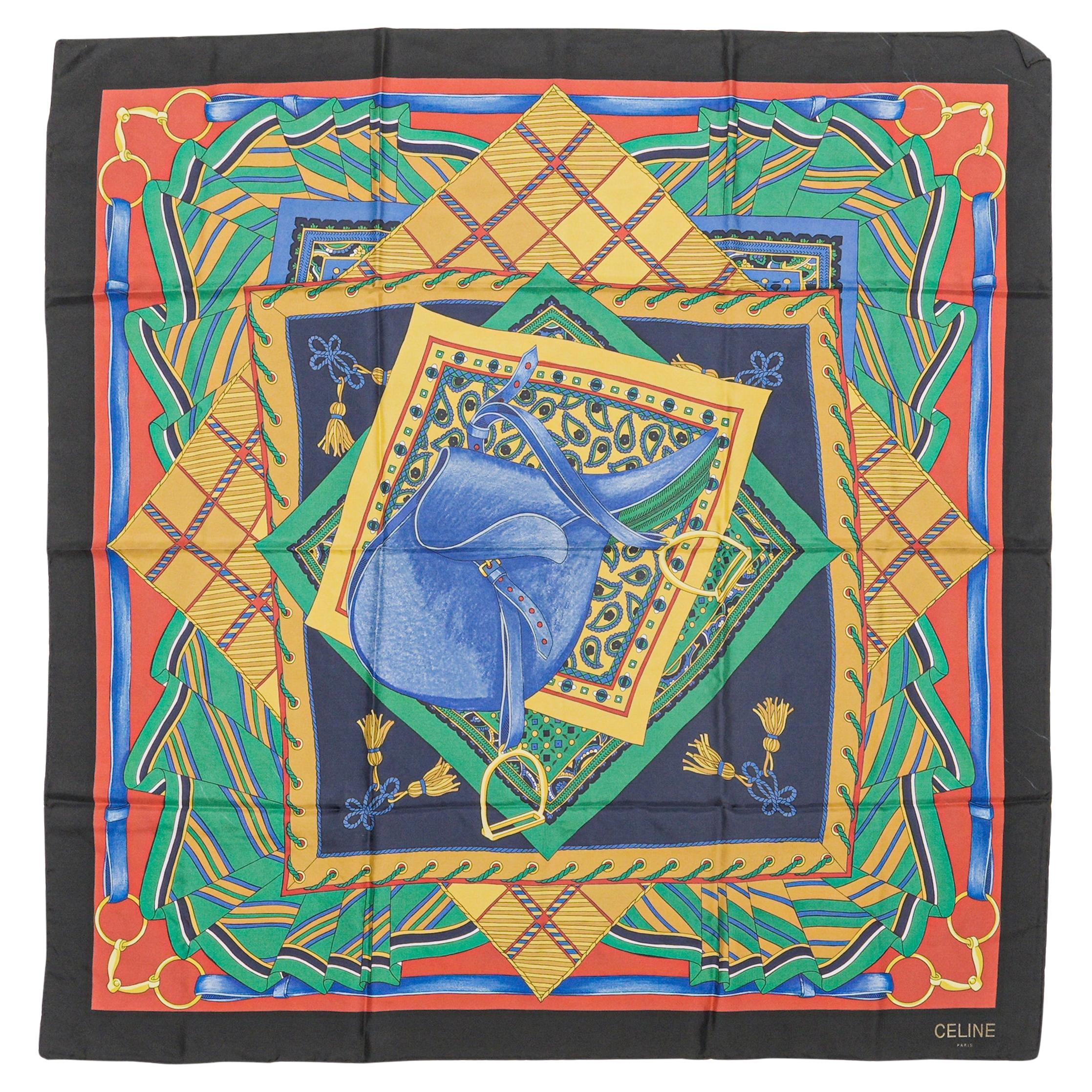Black & Multicolor Celine Saddle Print Silk Scarf For Sale