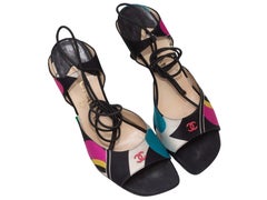 Black & Multicolor Chanel Geometric Print Satin Lace-Up Heeled Sandals