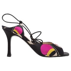 Black & Multicolor Chanel Geometric Print Satin Lace-Up Heeled Sandals