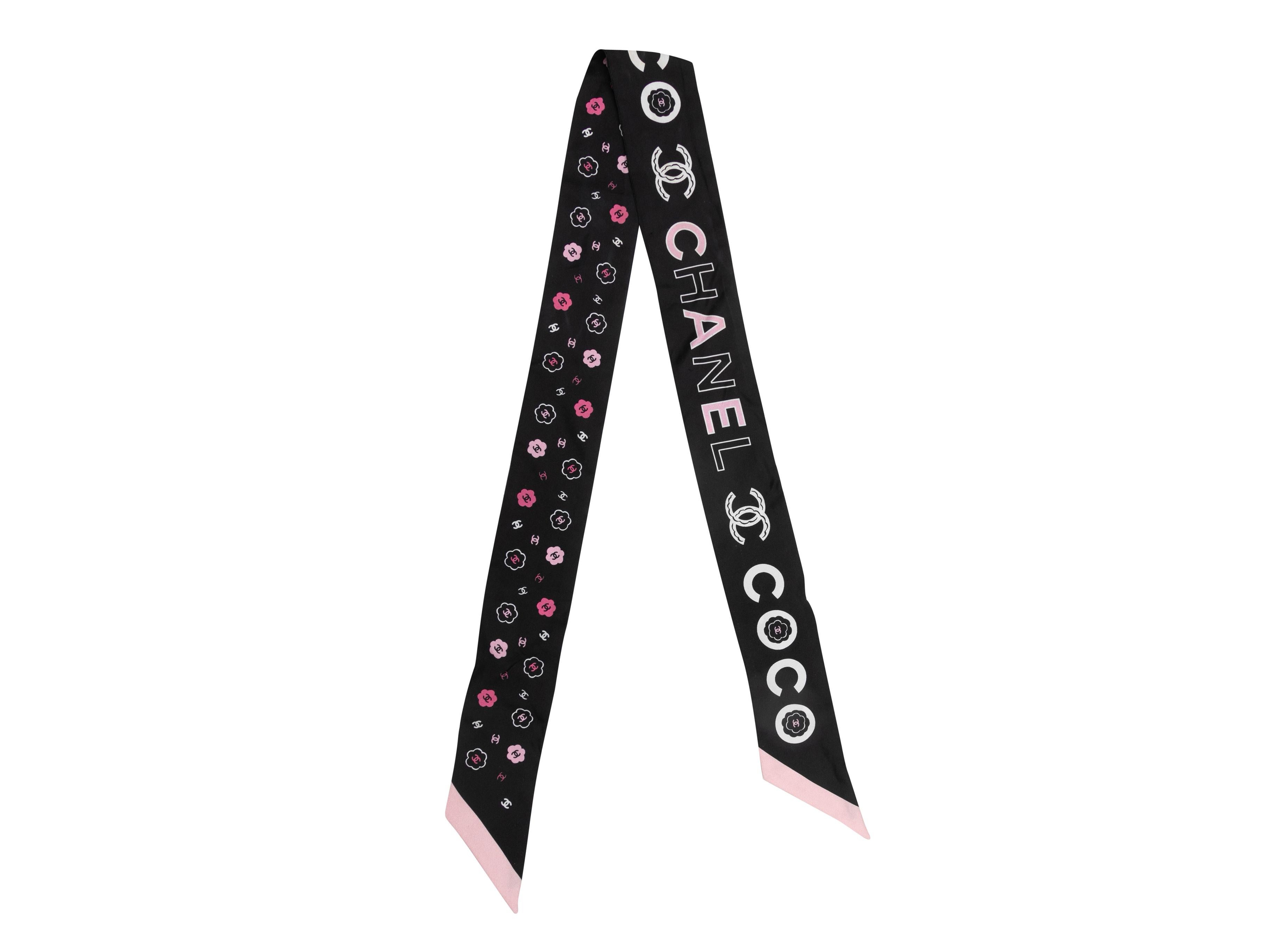 Women's Black & Multicolor Chanel Silk Spellout Camellia Twilly Scarf For Sale