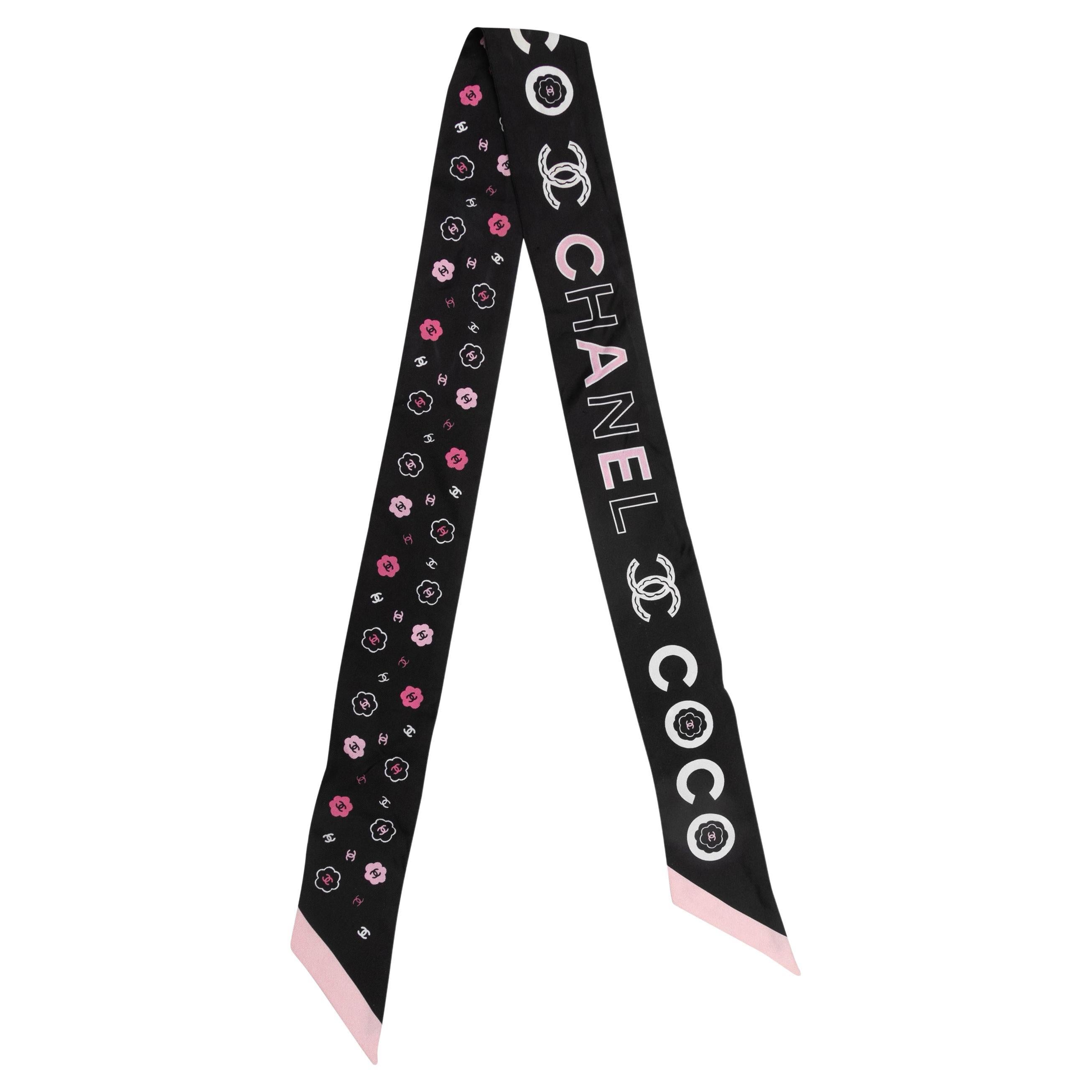 Black & Multicolor Chanel Silk Spellout Camellia Twilly Scarf For Sale