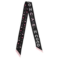 Black & Multicolor Chanel Silk Spellout Camellia Twilly Scarf