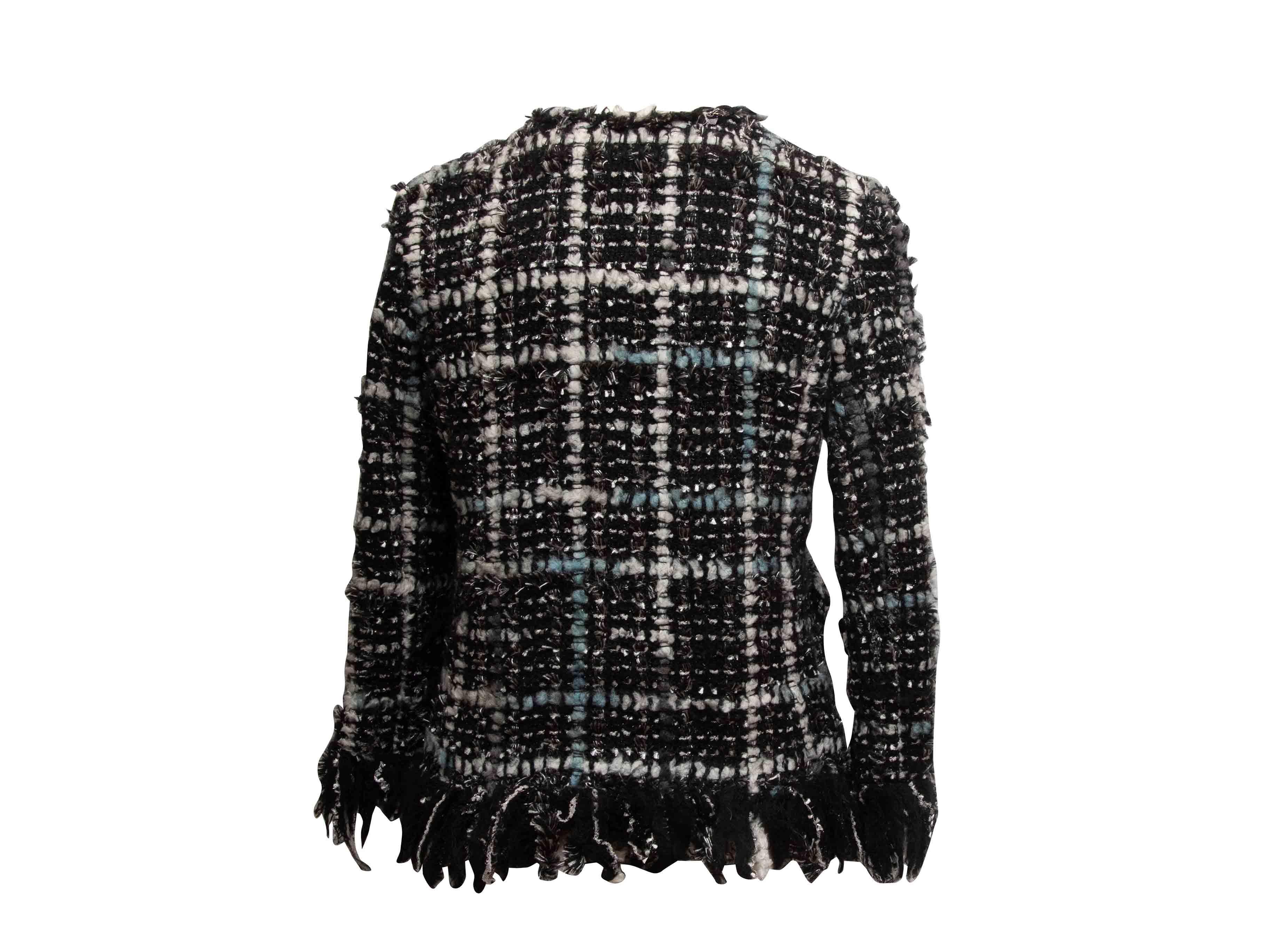 Schwarz & Multicolor Chanel Wolle Slub Tweed Fransen-gesäumte Jacke Größe FR 38 Damen im Angebot