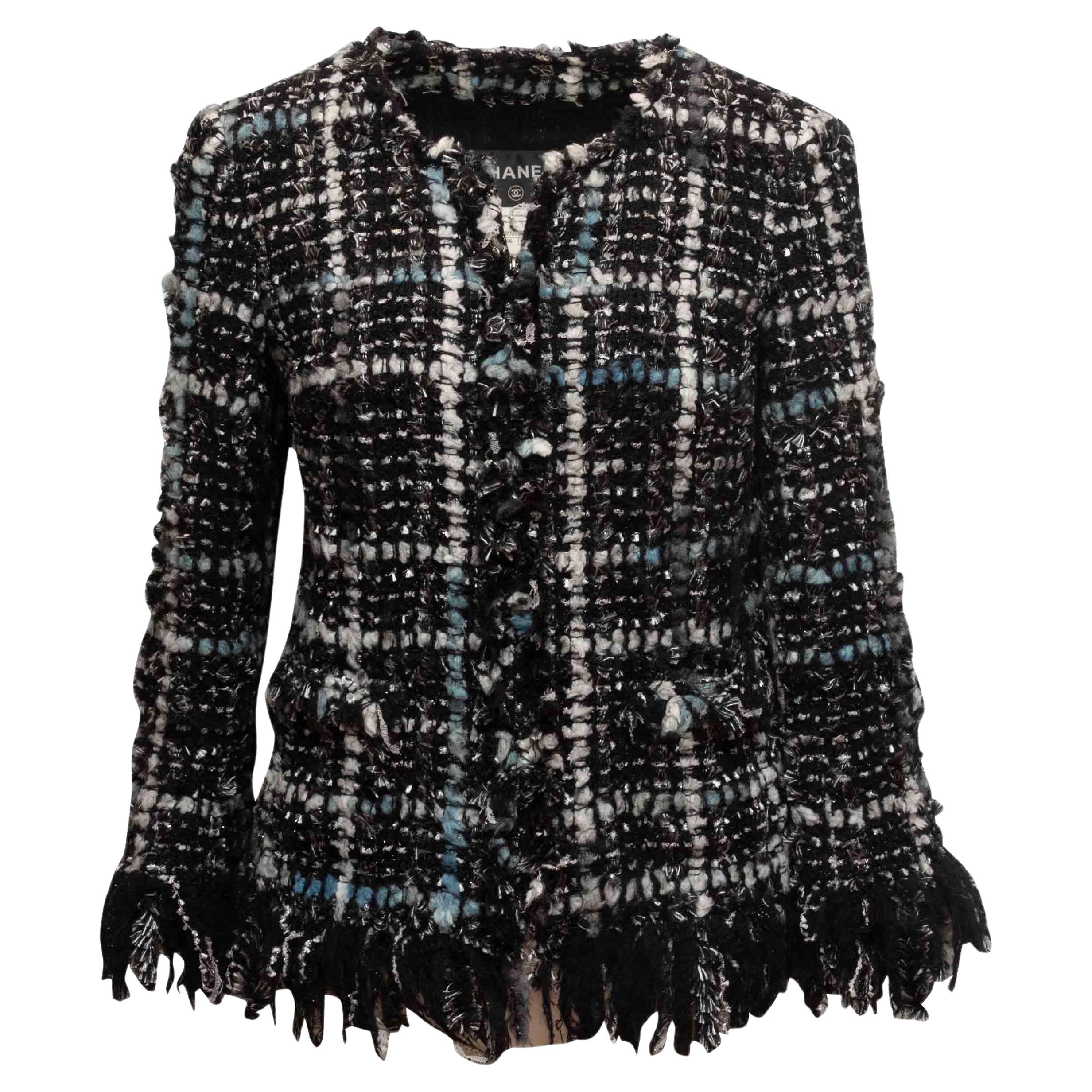 Schwarz & Multicolor Chanel Wolle Slub Tweed Fransen-gesäumte Jacke Größe FR 38 im Angebot