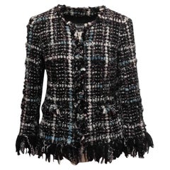 Giacca Chanel nera e multicolore in lana Slub Tweed con frange Taglia FR 38