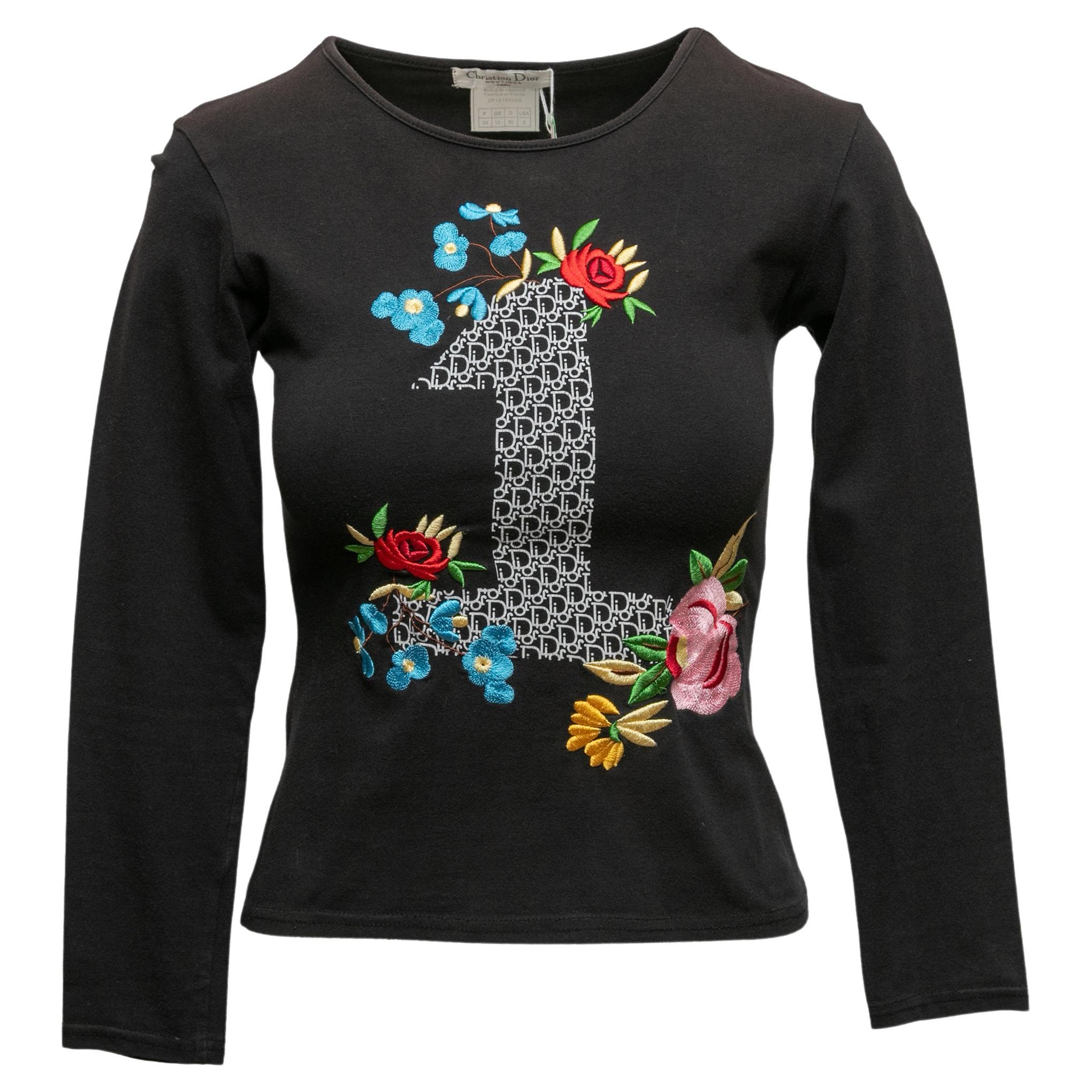 Schwarzer & mehrfarbiger Christian Dior bestickter Pullover Größe US 6