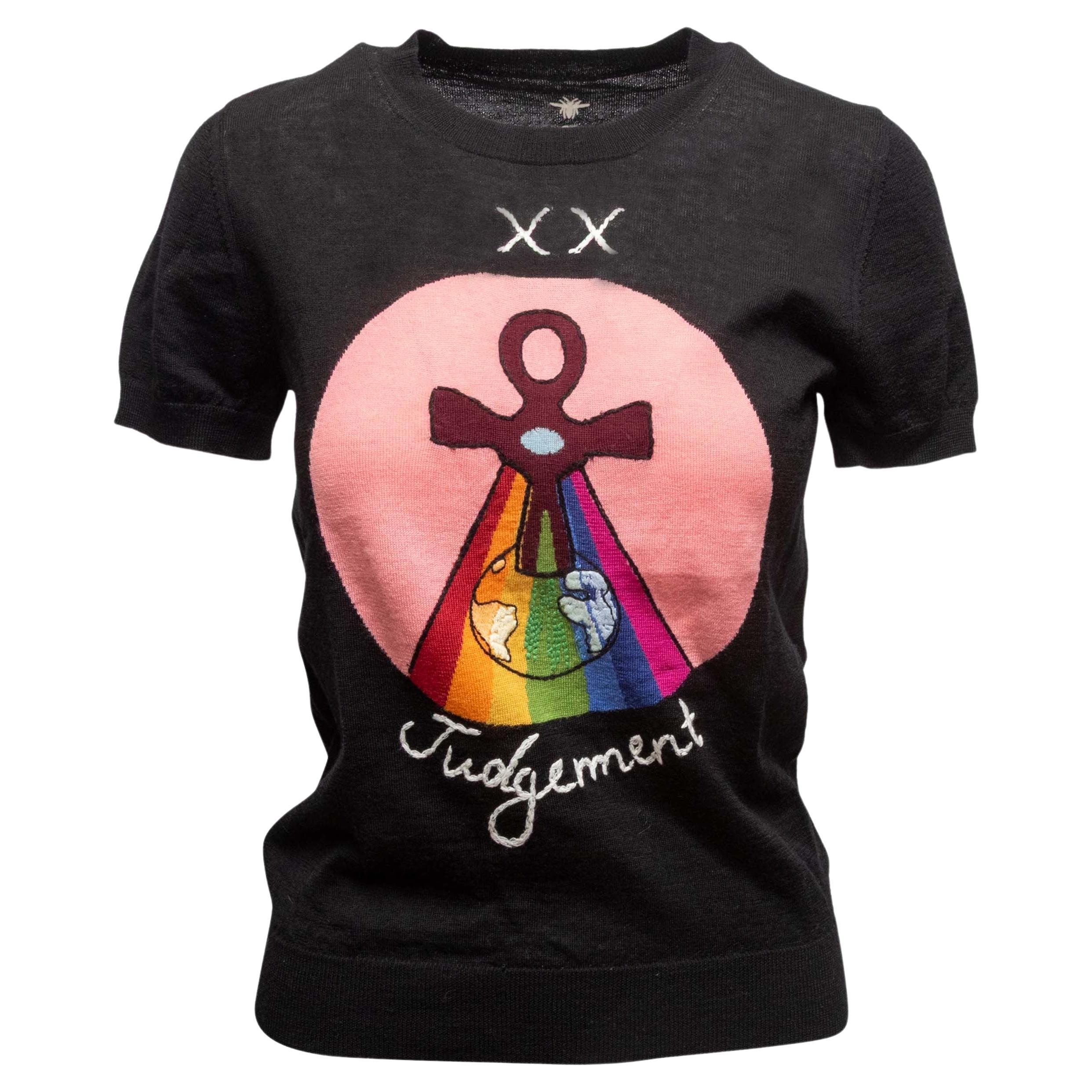 Black & Multicolor Christian Dior Judgement Tarot Card Wool Knit Top Size FR 38 For Sale