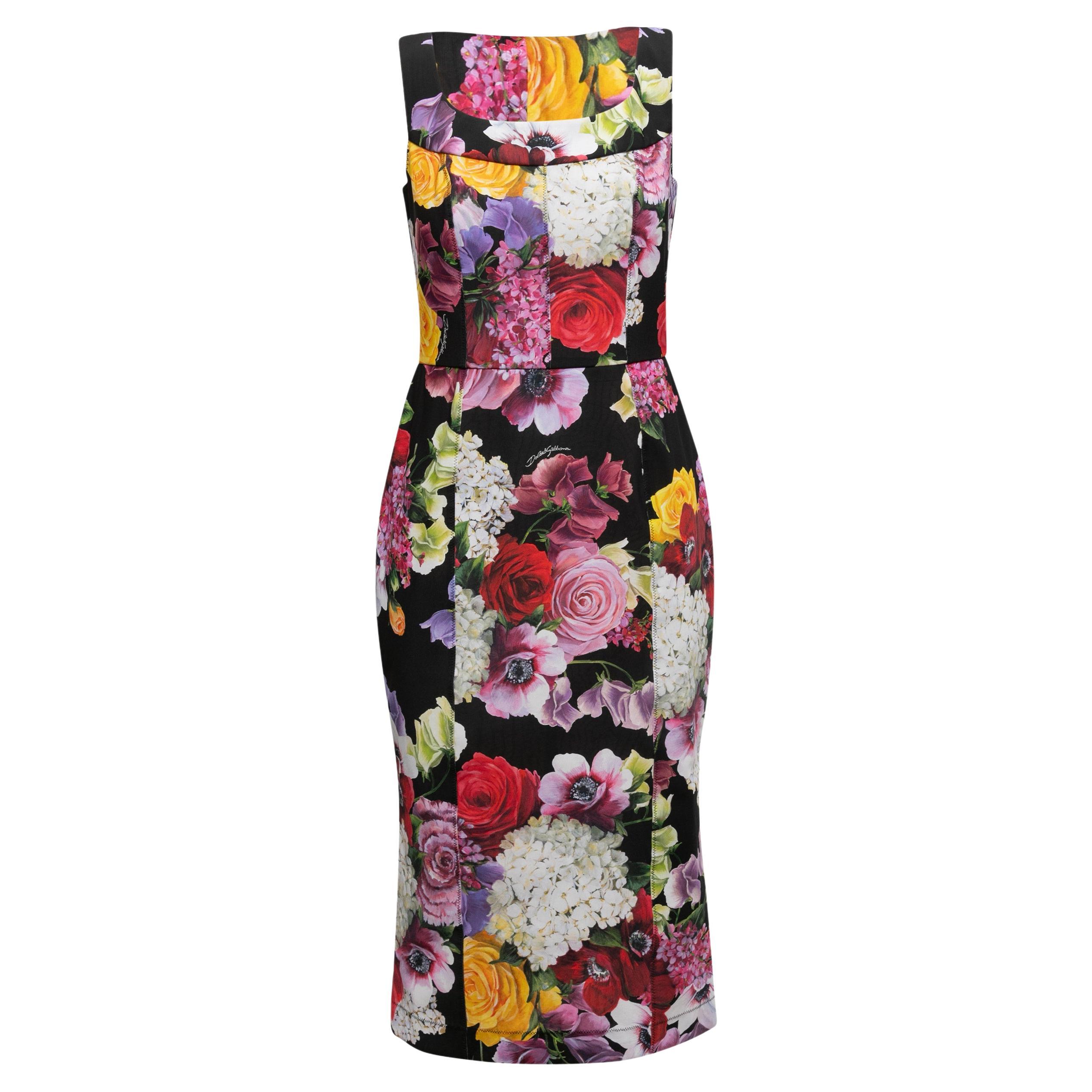 Black & Multicolor Dolce & Gabbana Floral Print Bodycon Dress Size IT 44