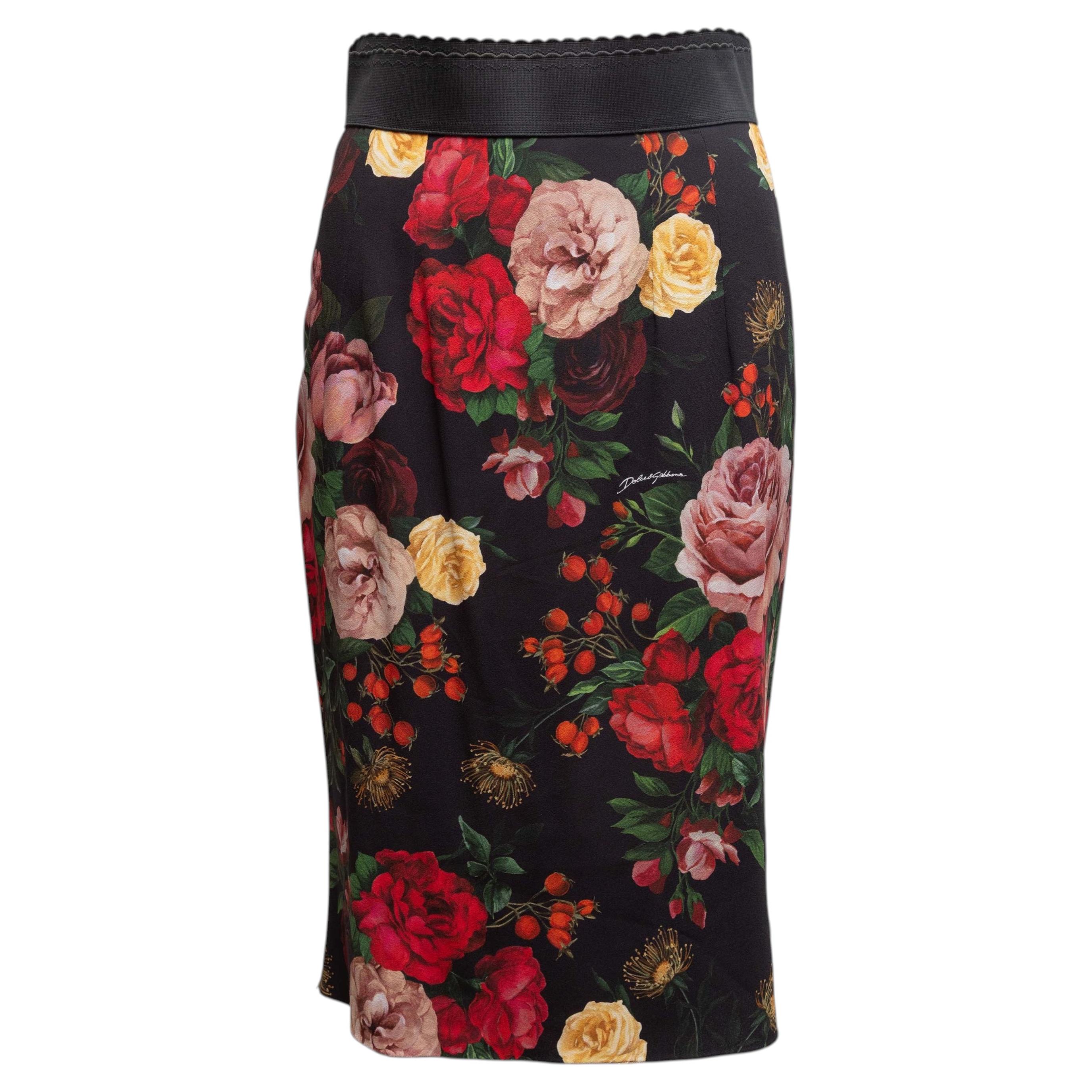 Black & Multicolor Dolce & Gabbana Rose Print Midi Skirt Size IT 42