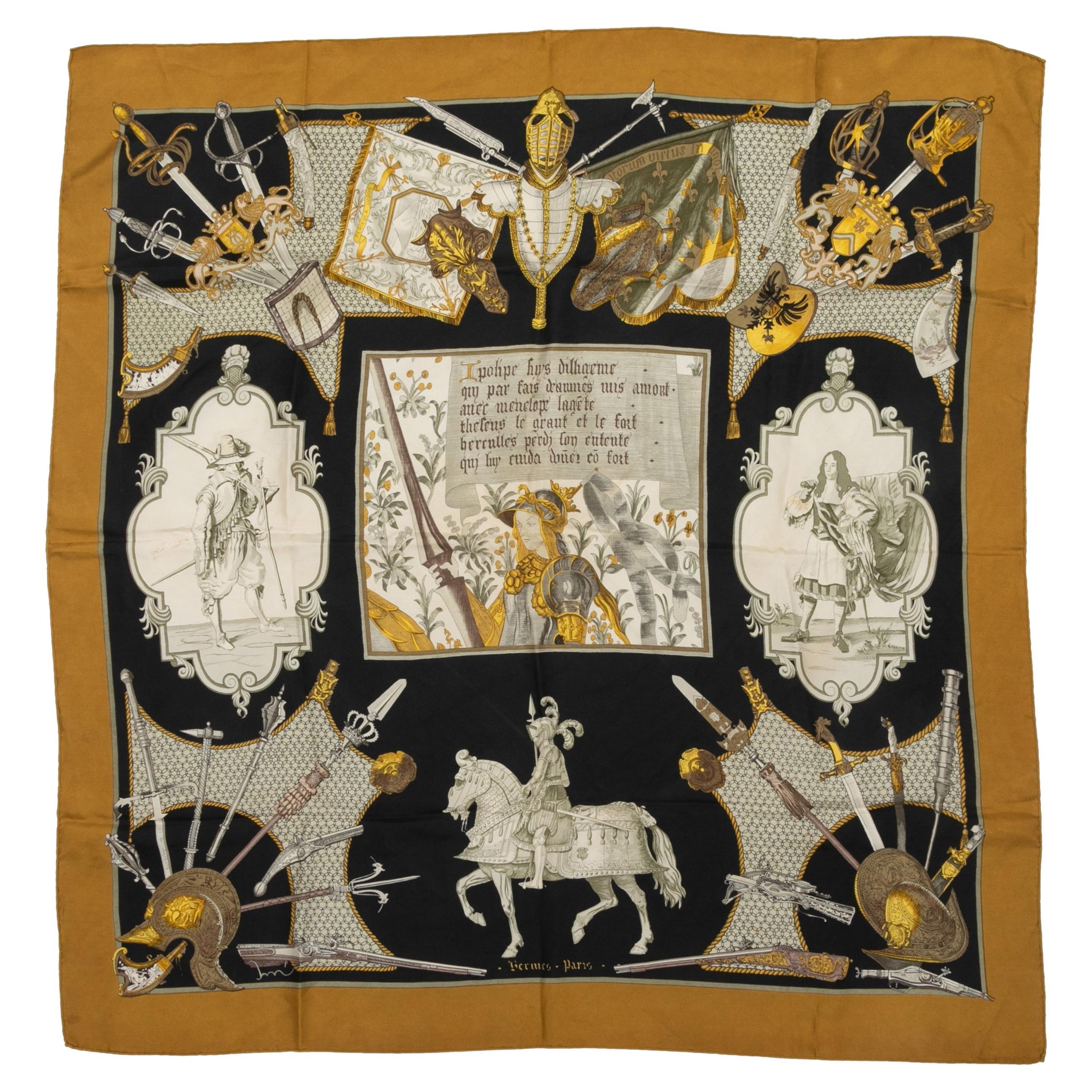 Sciarpa in seta con stampa del motivo Armeria di Hermes nera e multicolore in vendita