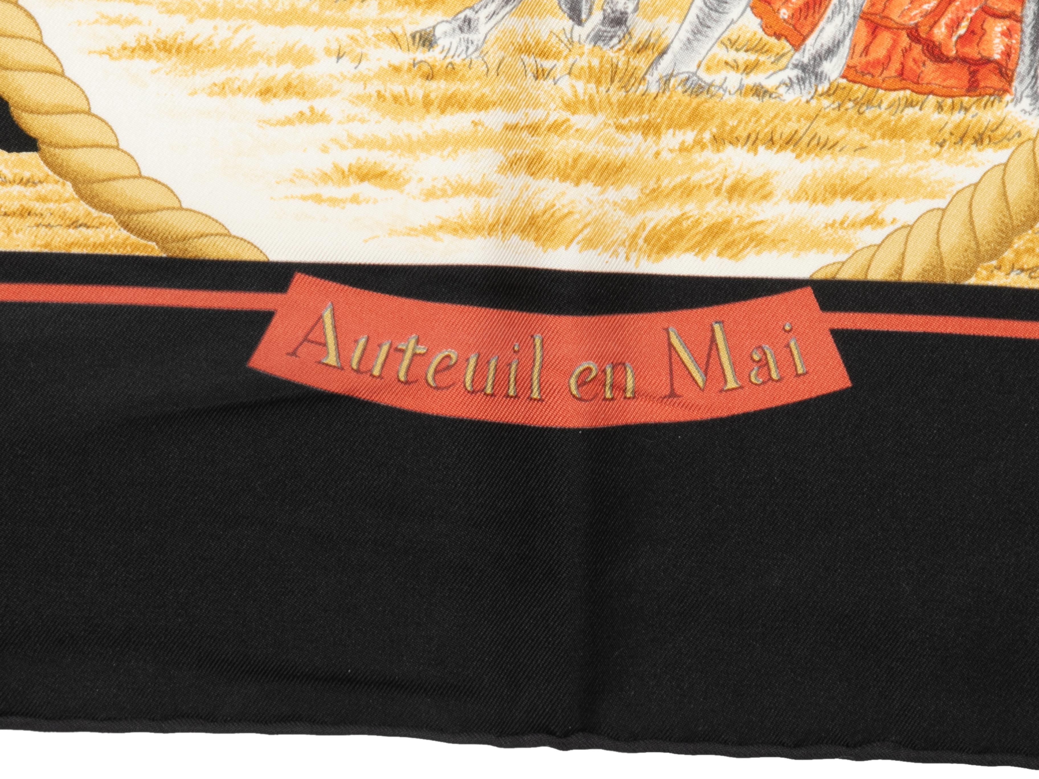 Foulard en soie à motif Auteuil en Mai, noir et multicolore, Hermès. Largeur 34
