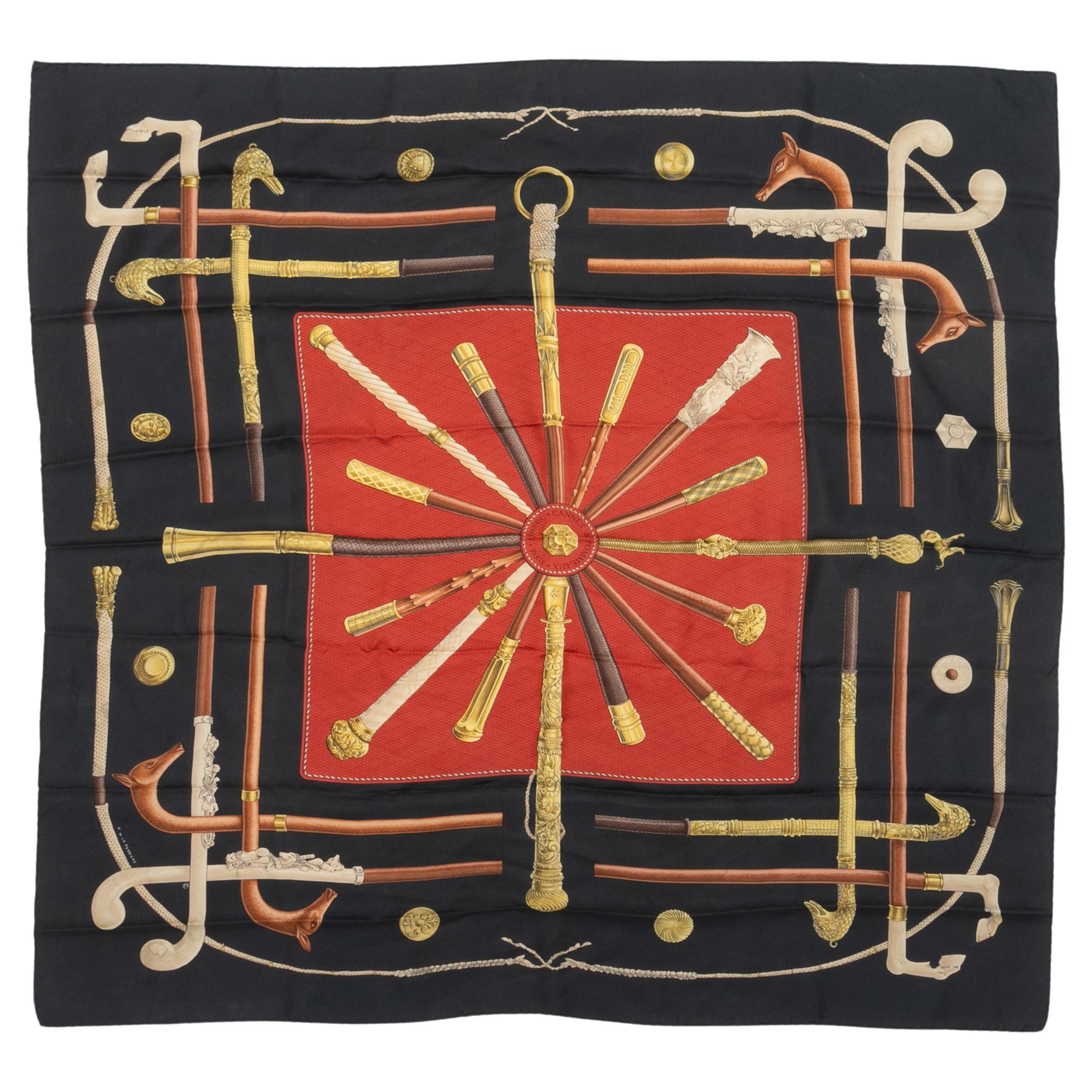 Black & Multicolor Hermes Cannes et Pommeaux Motif Silk Scarf For Sale