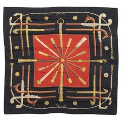 Black & Multicolor Hermes Cannes et Pommeaux Motif Silk Scarf