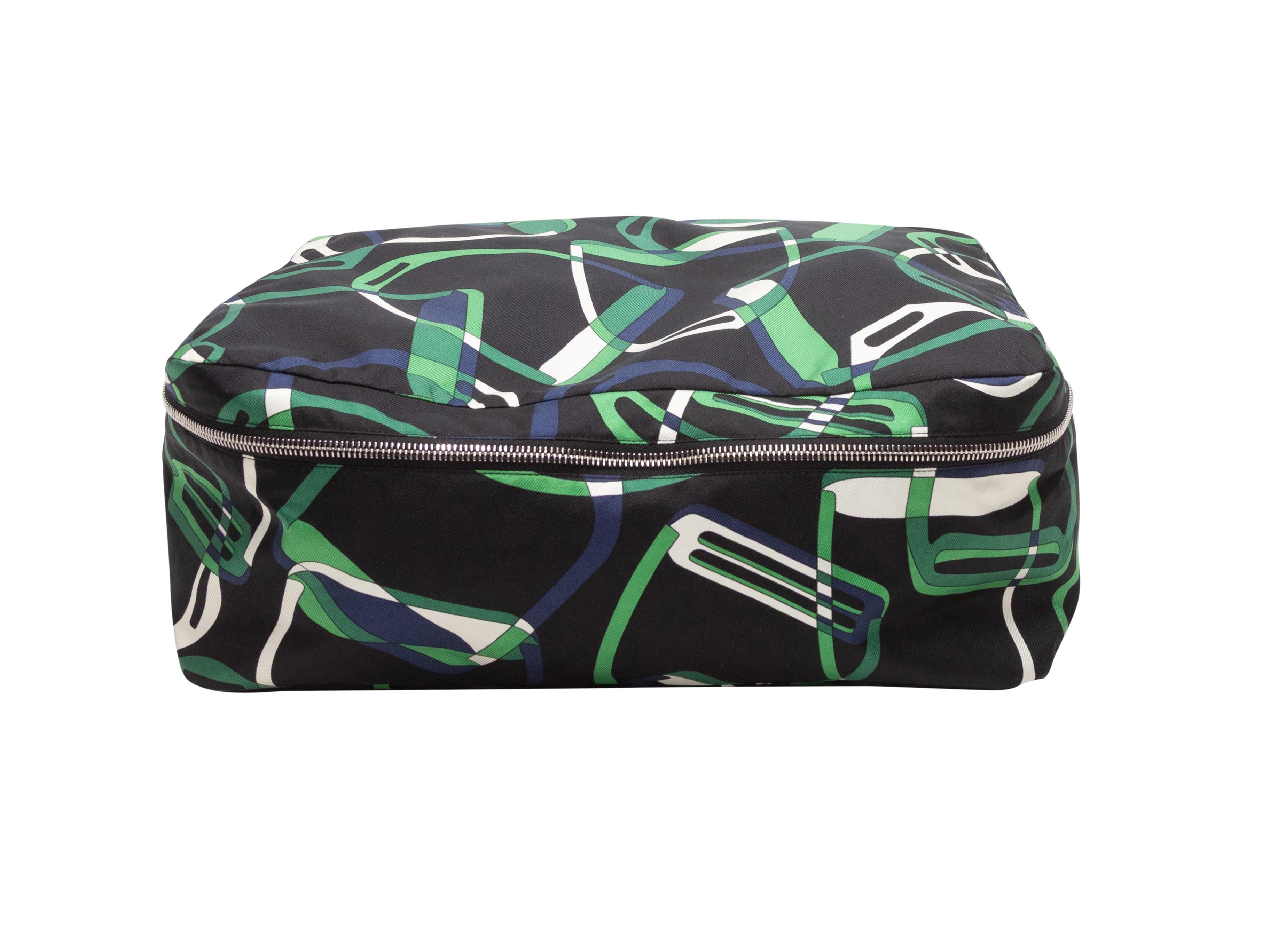 Black & Multicolor Hermes Silk Bain Pouch. This Bain Pouch features a print silk body and a silver-tone zip closure. 10.5